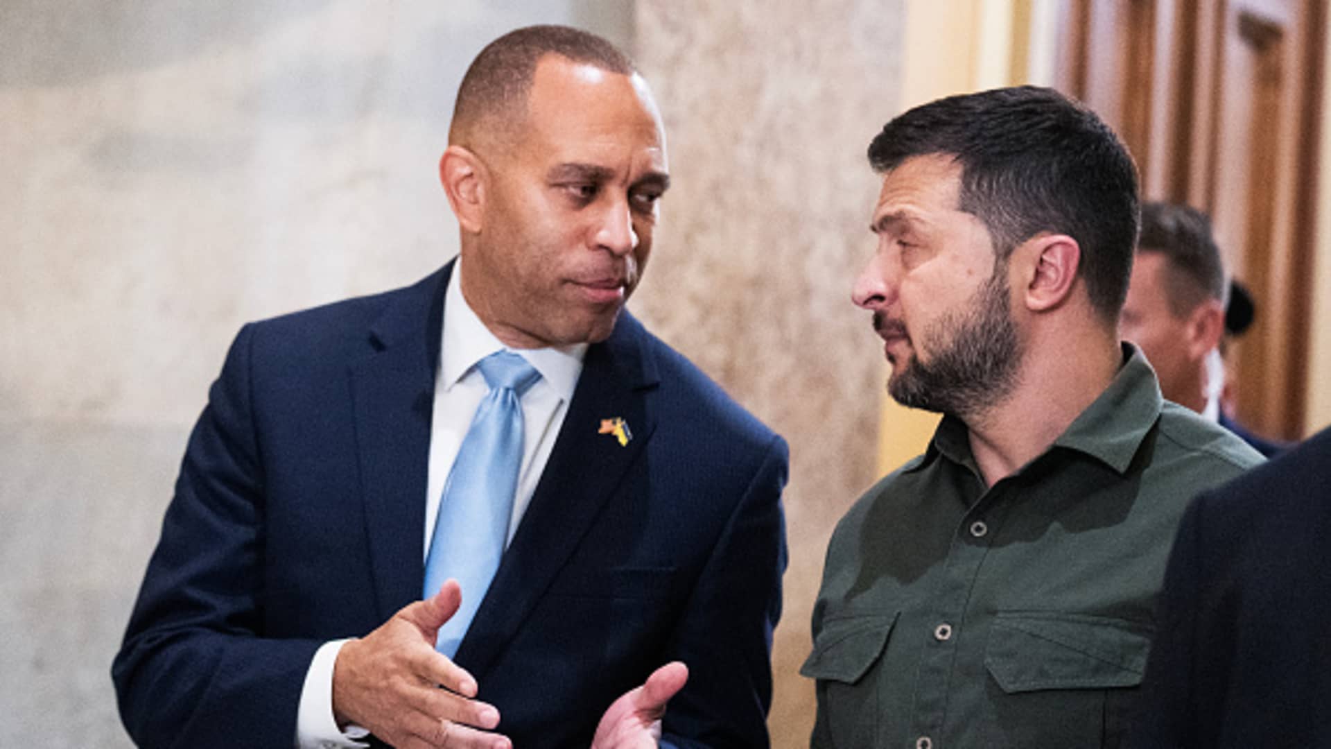 Ukrainian President Volodymyr Zelenskyy arrives to the U.S. Capitol with House Minority Leader Hakeem Jeffries, D-N.Y., left, for a meeting with House members on Thursday, September 21, 2023.