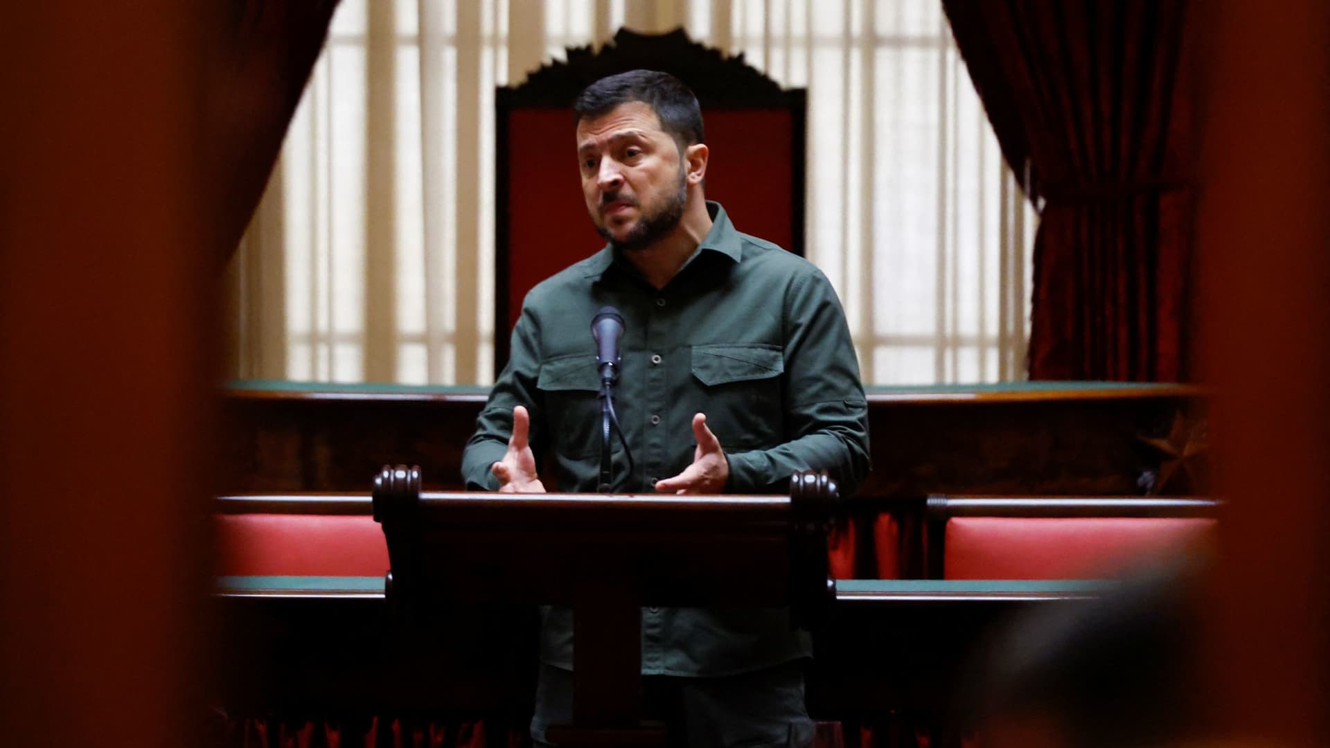 Ukrainian President Volodymyr Zelenskyy is seen speaking during a meeting with all members of the U.S. Senate held in the Old Senate Chamber during a visit to the U.S. Capitol in Washington, September 21, 2023. 