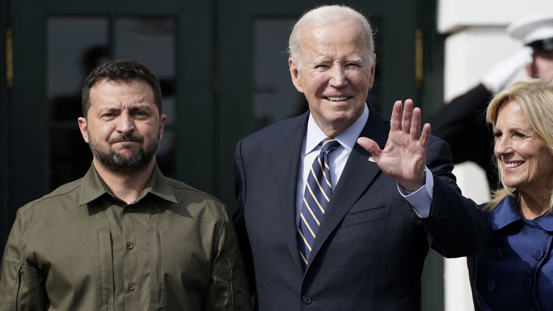 U.S. President Joe Biden and first lady Jill Biden welcome Ukrainian President Volodymyr Zelenskyy as he arrives at the White House in Washington, September 21, 2023.