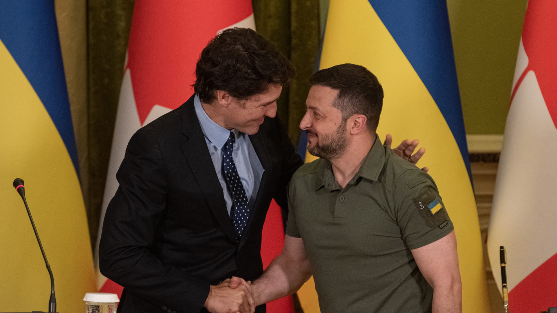 Canadian Prime Minister Justin Trudeau and Ukrainian President Volodymyr Zelenskyy during their joint press conference on June 10, 2023, in Kyiv, Ukraine.