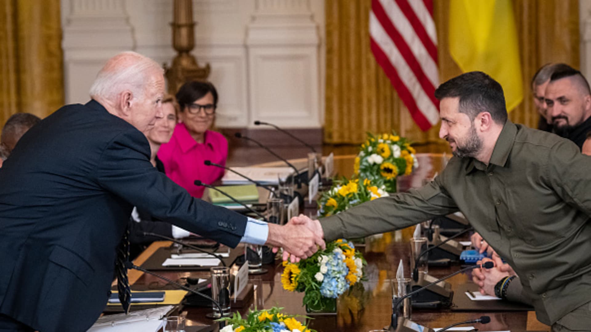 U.S. President Joe Biden and Ukrainian President Volodymyr Zelenskyy after a meeting in the East Room of the White House on Sept. 21, 2023, in Washington, DC.