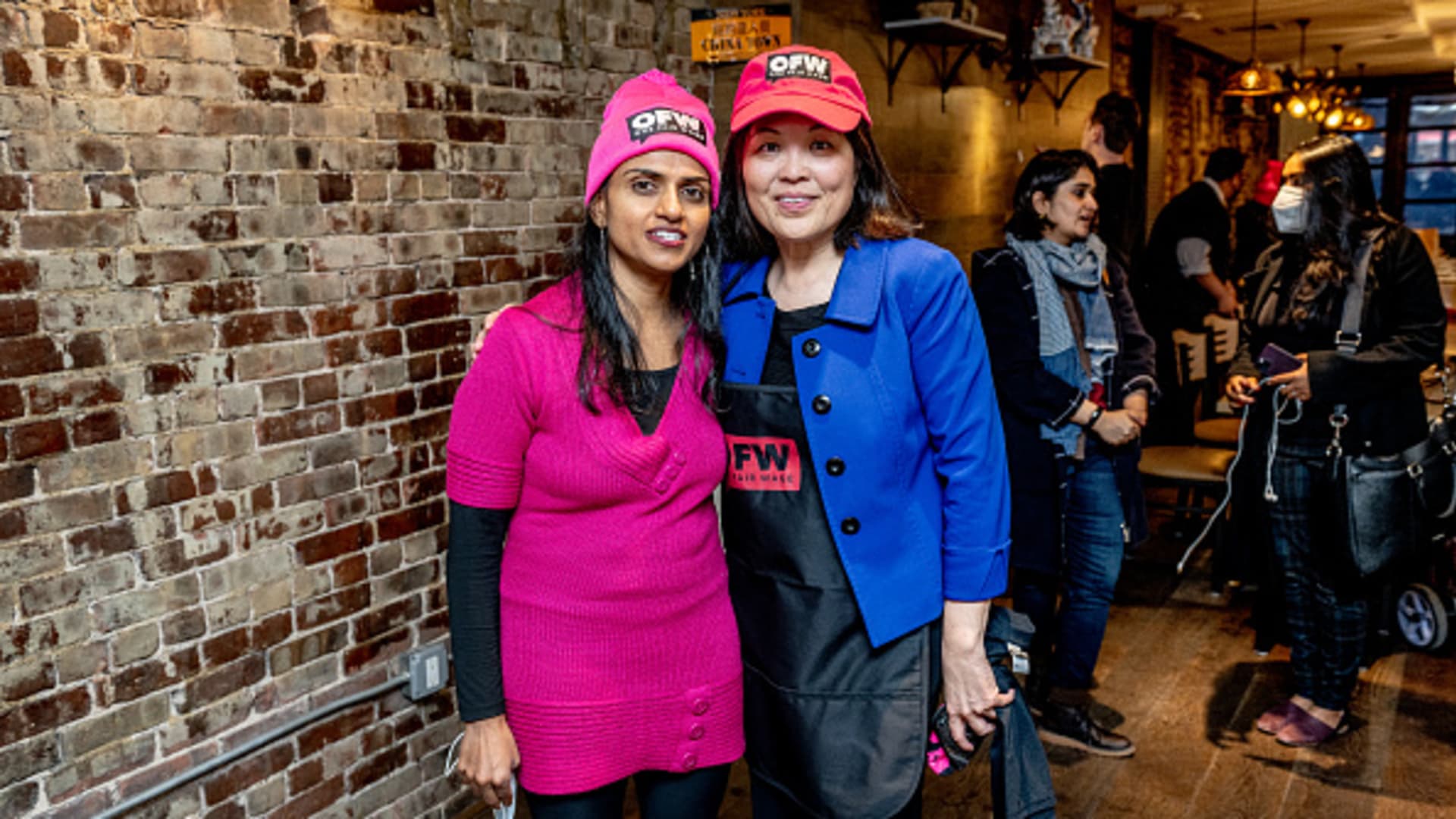 President of One Fair Wage Saru Jayaraman with Deputy Labor Secretary Julie Su during a Learn About Worker Experiences event at the Baodega restaurant in the Flat Iron district on April 11, 2022 in New York City.
