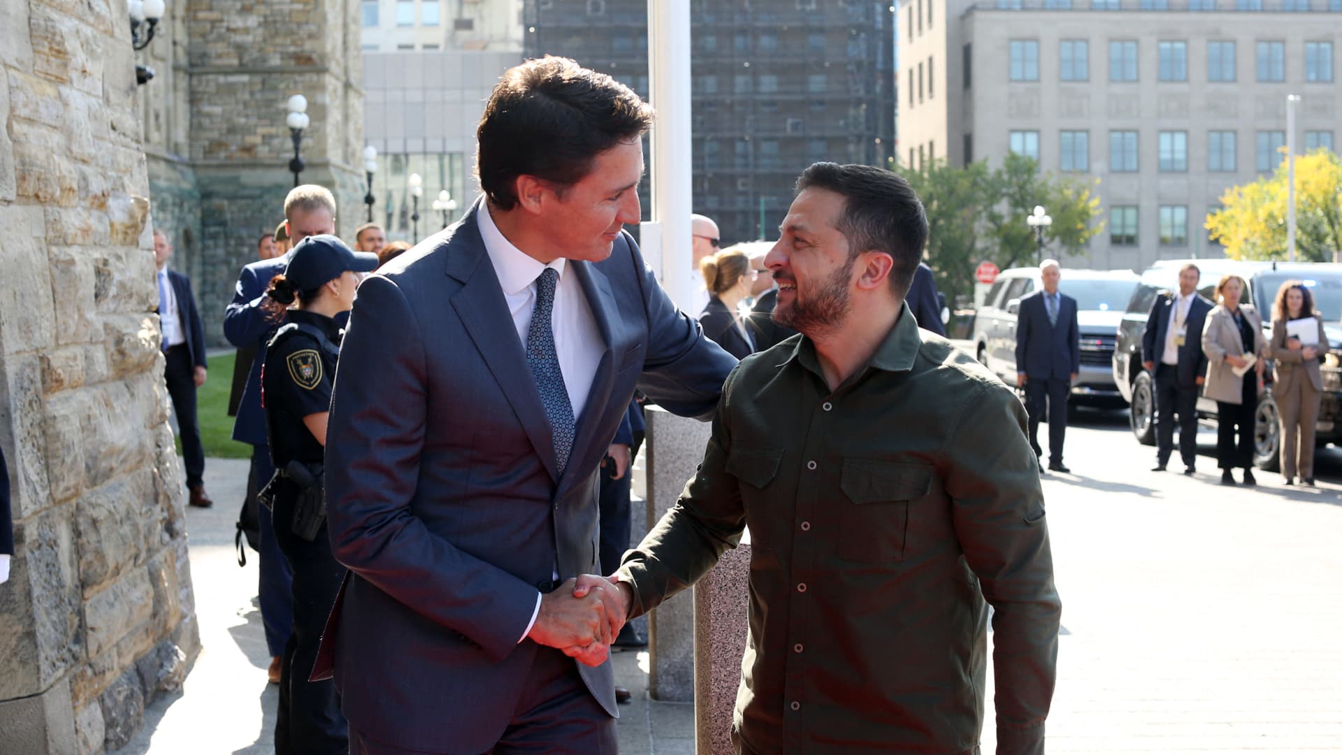 Ukrainian President Volodymyr Zelensky greets Canadian Prime Minister Justin Trudeau on arrival at Parliament Hill in Ottawa, Canada, on September 22, 2023.