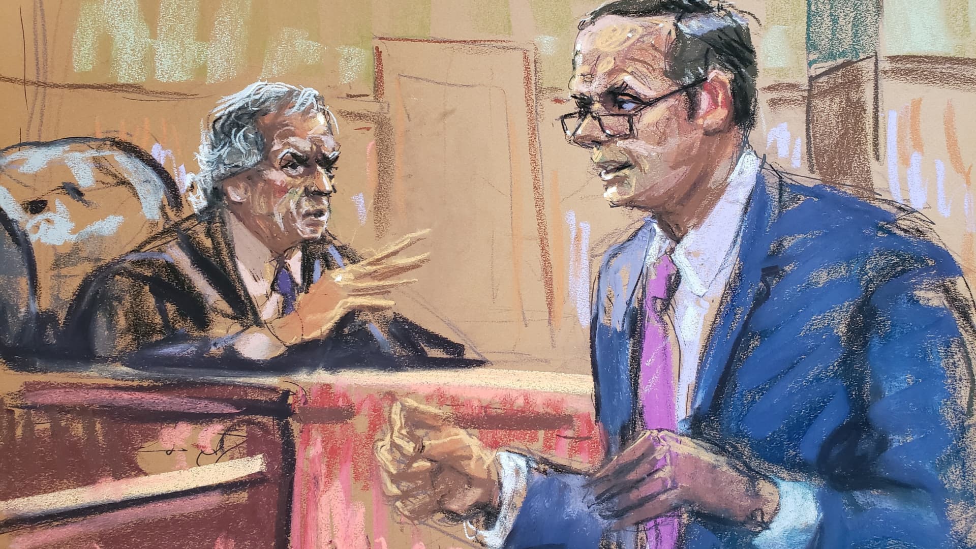 In this courtroom sketch, Judge Arthur Engoron listens to Trump's lawyer Chris Kise during a hearing related to New York Attorney General Letitia James' civil lawsuit alleging that former U.S. President Donald Trump ran a systematic fraud at his family business, at a courthouse in New York on Sept. 22, 2023.
