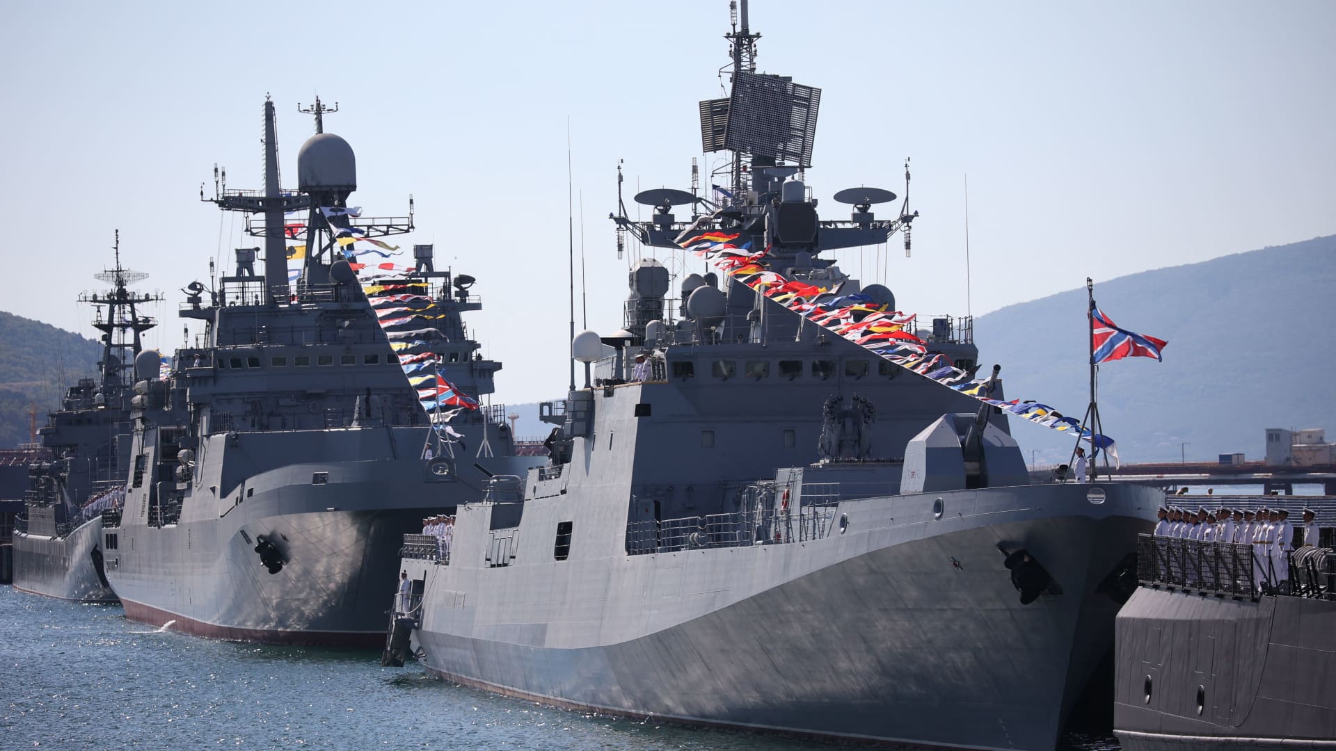 Russia's Black Sea Fleet warships take part in Russia's Navy Day celebrations in the port city of Novorossiysk on July 30, 2023.