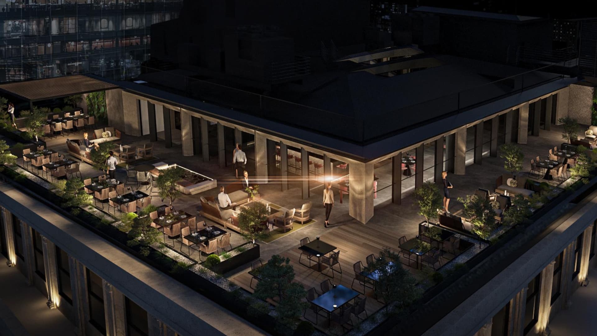 A rendering of a terrace at the Core Club, a private membership club in Midtown Manhattan.