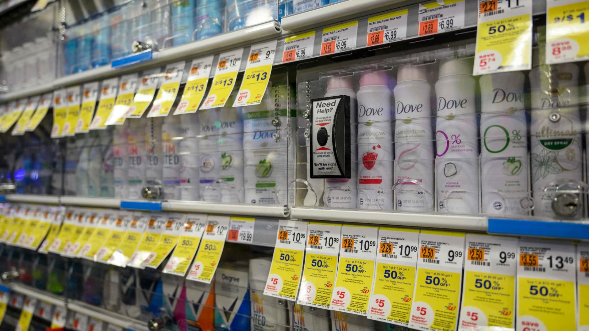 Locked up deodorant to prevent shoplifting are seen at a Duane Reade drugstore and pharmacy on August 24, 2023 in New York City. 