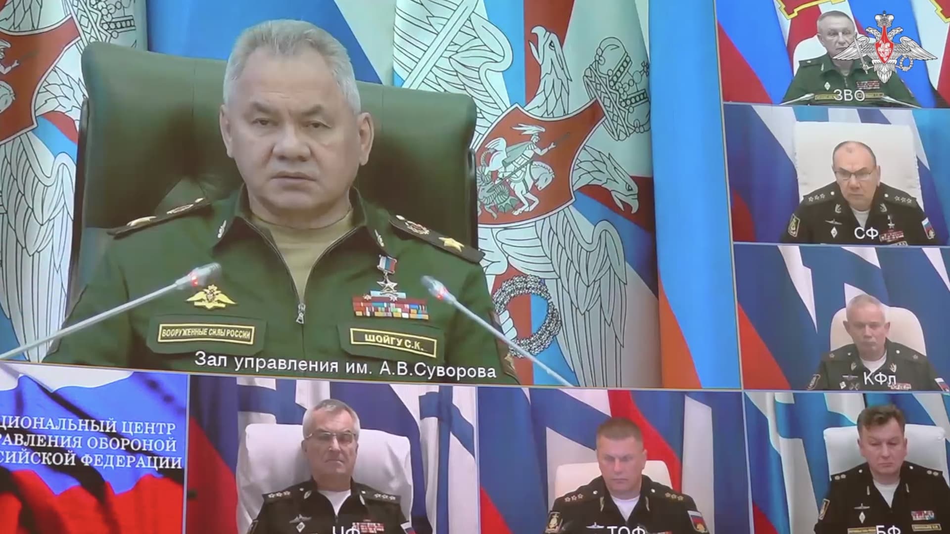 Commander of the Russian Black Sea Fleet Viktor Sokolov (Bottom L), who has been claimed to be killed in the September 22 strike on the Navy headquarters in the city of Sevastopol, appears on the screen at the meeting that Russian Defense Minister Sergei Shoigu holds with Ministry officials in Moscow, Russia on September 26, 2023.