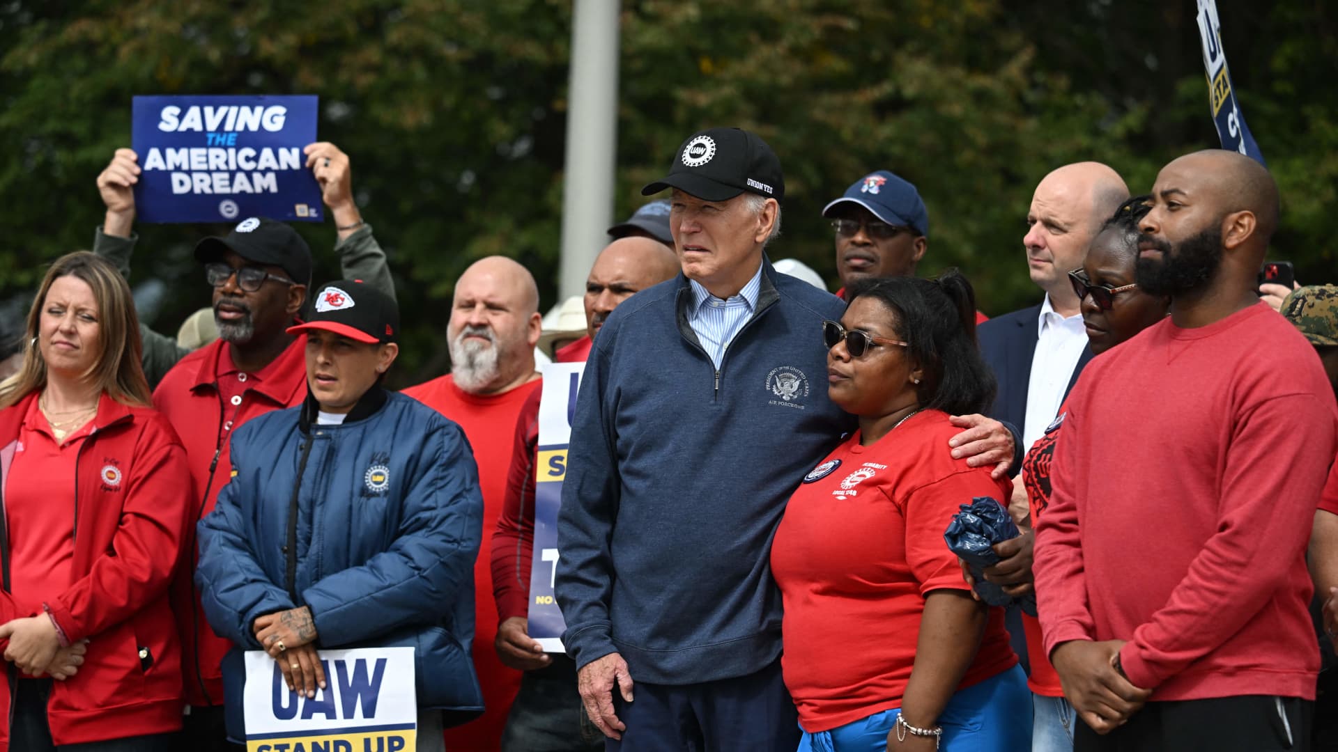 US President Joe Biden joins a picket line with members of the United Auto Workers (UAW) union at a General Motors Service Parts Operations plant in Belleville, Michigan, on September 26, 2023.