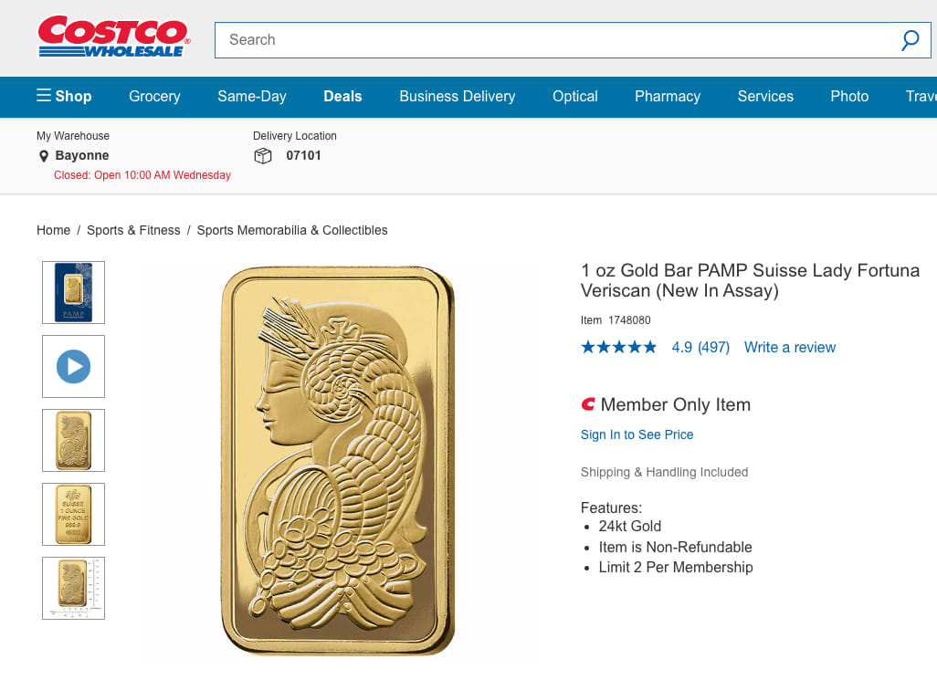 Costco selling 1 ounze gold bars.