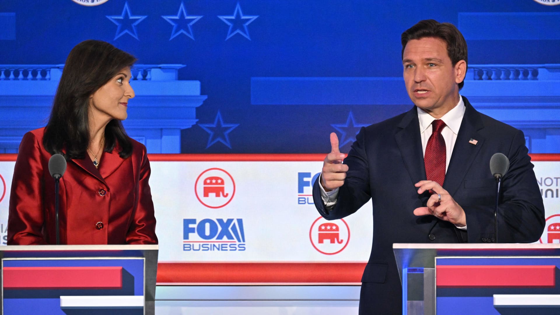 Former Governor from South Carolina and UN ambassador Nikki Haley looks on as Florida Governor Ron DeSantis speaks during the second Republican presidential primary debate at the Ronald Reagan Presidential Library in Simi Valley, California, on September 27, 2023.