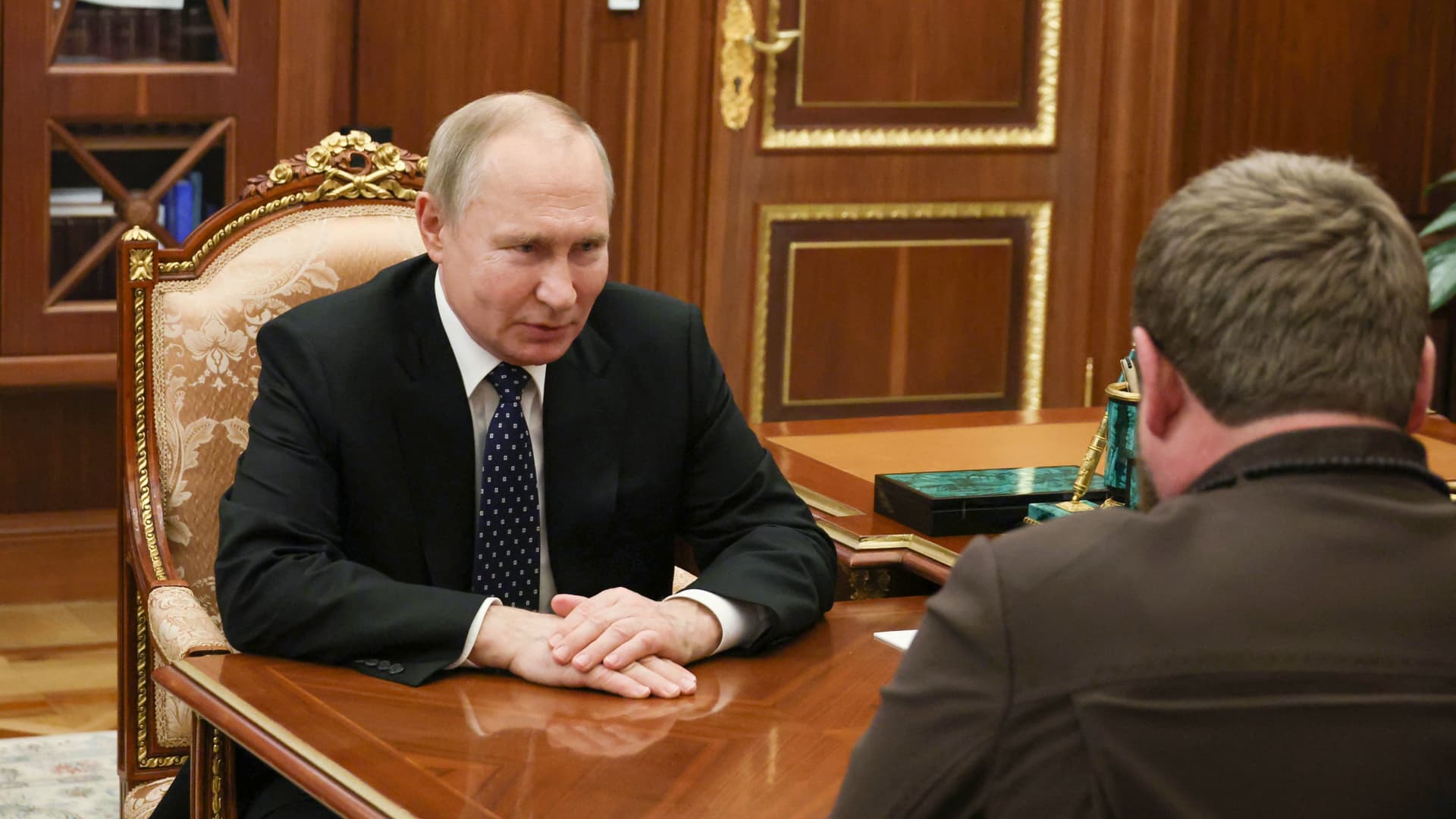 Russian President Vladimir Putin meets with Chechen leader Ramzan Kadyrov at the Kremlin in Moscow on March 13, 2023.