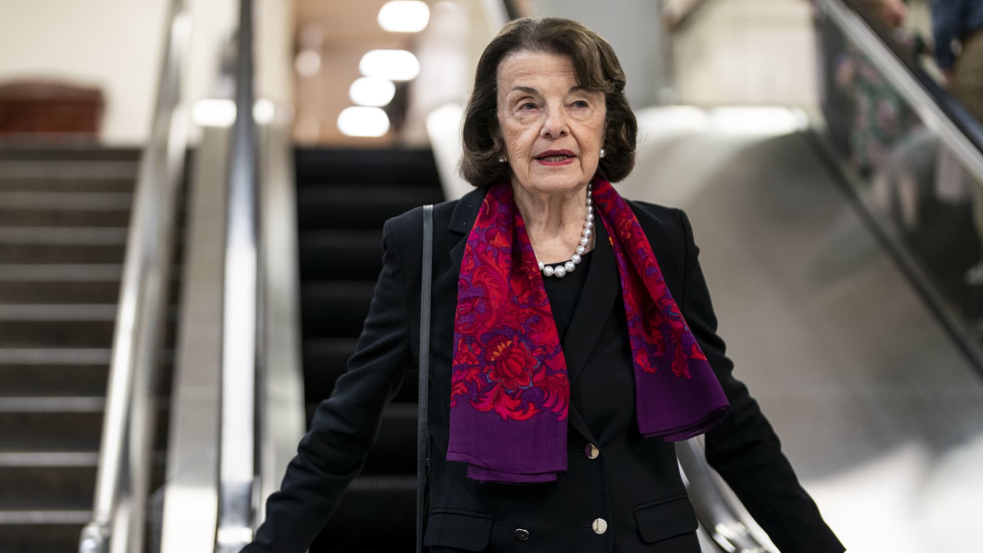 Sen. Dianne Feinstein, D-Calif., in the Senate subway on Capitol Hill in Washington, D.C., May 11, 2022.