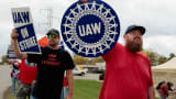 Striking United Auto Workers members from the General Motors Lansing Delta Plant picket in Delta Township, Michigan, on Sept. 29, 2023.