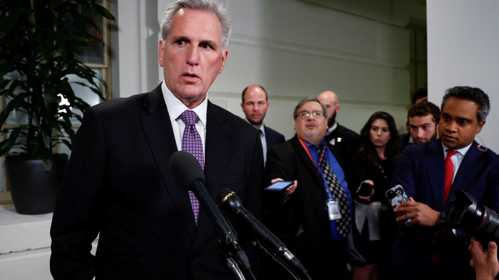 U.S. House Speaker Kevin McCarthy (R-CA) speaks with reporters after a House Republican conference meeting following a series of failed votes on spending packages at the U.S. Capitol ahead of a looming government shutdown in Washington, U.S. September 29, 2023.