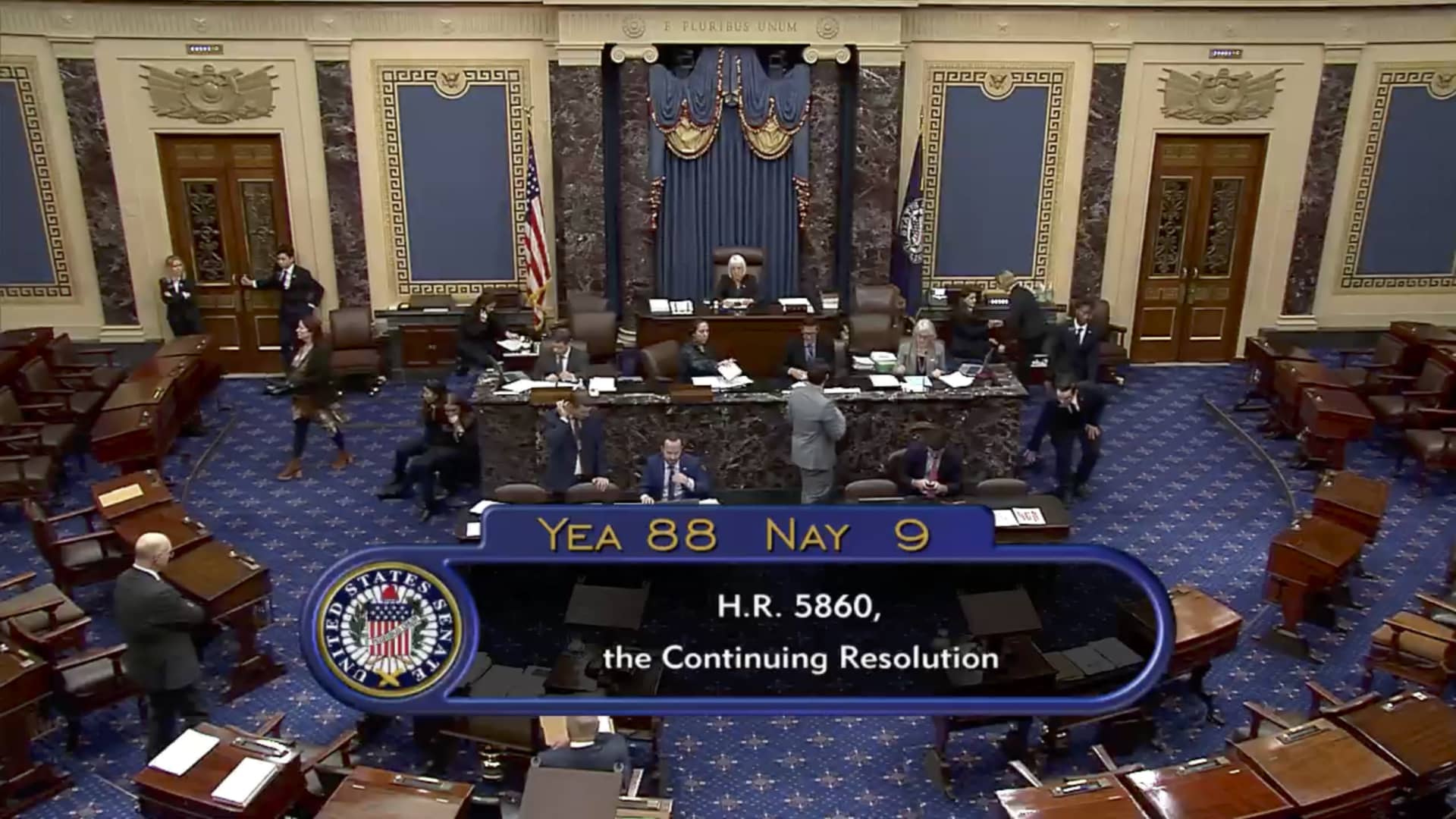 This image from U.S. Senate video shows the vote total, 88-9, on a temporary funding bill in the Senate at the U.S. Capitol in Washington, Saturday, Sept. 30, 2023.