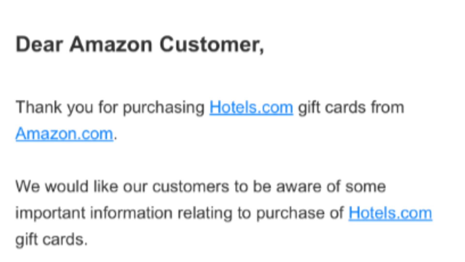 Part of one of the emails that was sent to a number of Amazon customers over the weekend, falsely confirming gift card purchases that had not been made.