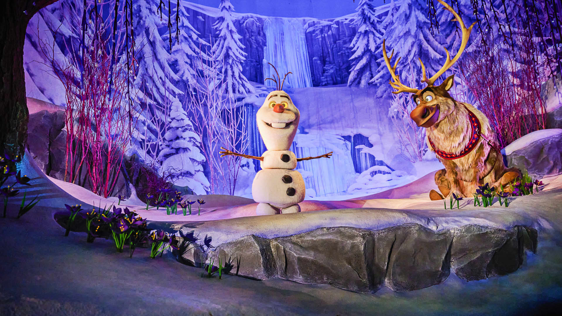 Two Audio-Animatronic figures of Disney's Olaf and Sven in the 