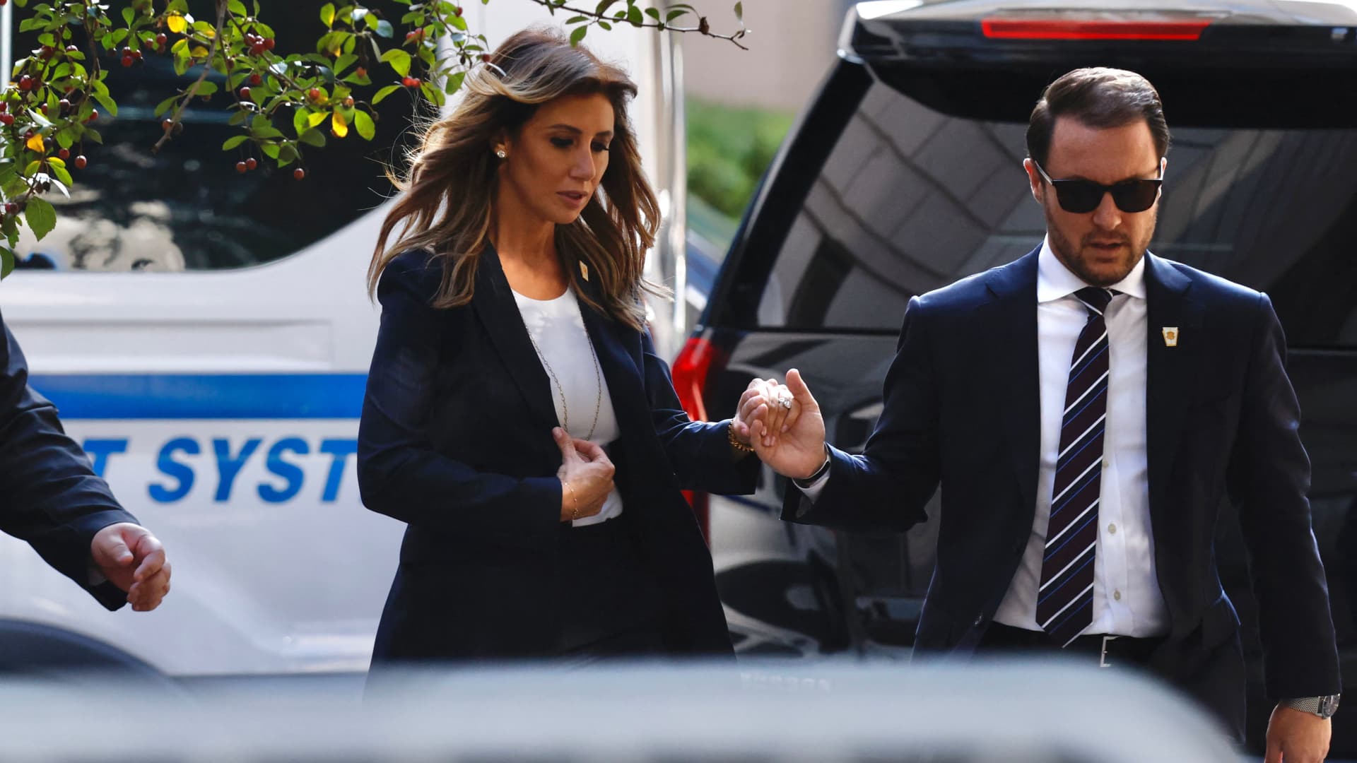 Former president Donald Trump's lawyer Alina Habba arrives to New York State Supreme Court for the start of the civil fraud trial against Trump on Oct. 2, 2023.