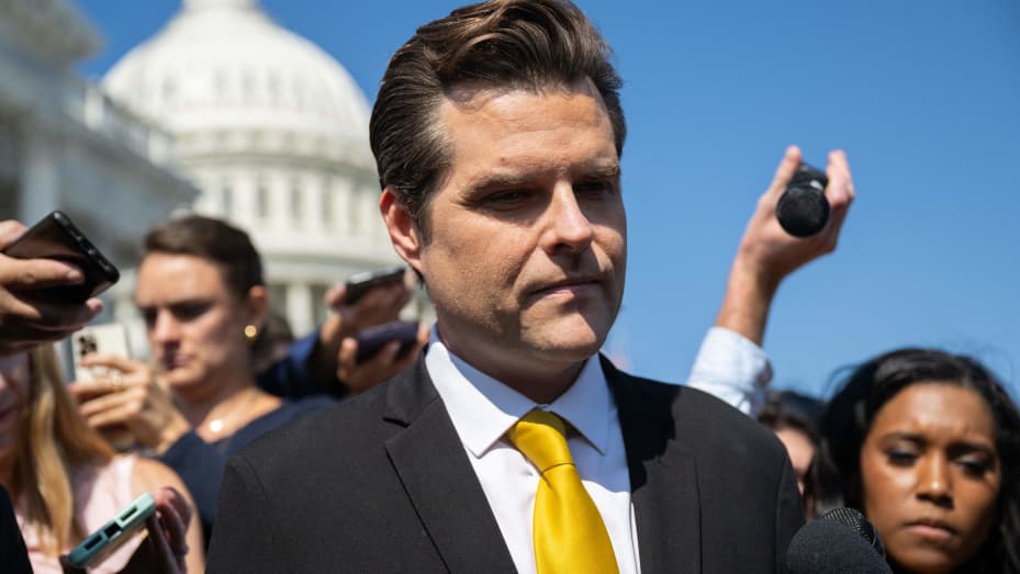 US Representative Matt Gaetz (R-FL) speaks to members of the media after speaking on the House floor about a possible Motion to Vacate to oust US Speaker of the House Kevin McCarthy, outside the US Capitol in Washington, DC, on October 2, 2023. A leading hardline Republican said on October 1, 2023, he would move to oust House Speaker Kevin McCarthy for striking a deal with Democrats to avert a US government shutdown without the spending cuts demanded by the right-wing caucus. US Representative Matt Gaetz (R