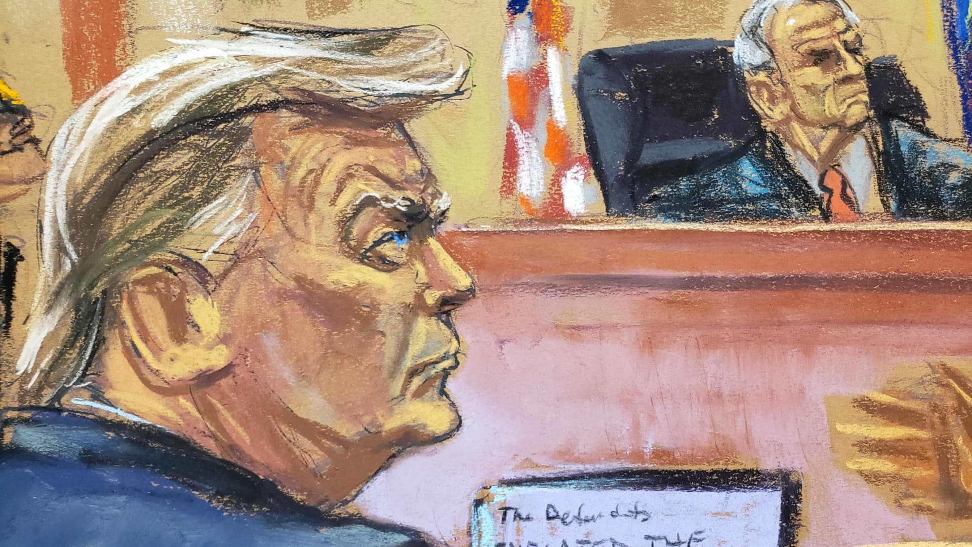 Former President Donald Trump and Judge Arthur Engoron of New York Supreme Court listen to opening arguments by Kevin Wallace (not seen), a lawyer in state Attorney General Letitia James' office, during the trial of Trump, his adult sons, the Trump Organization and others in a civil fraud case brought by James, at a Manhattan courthouse, in New York, Oct. 2, 2023, in this courtroom sketch.