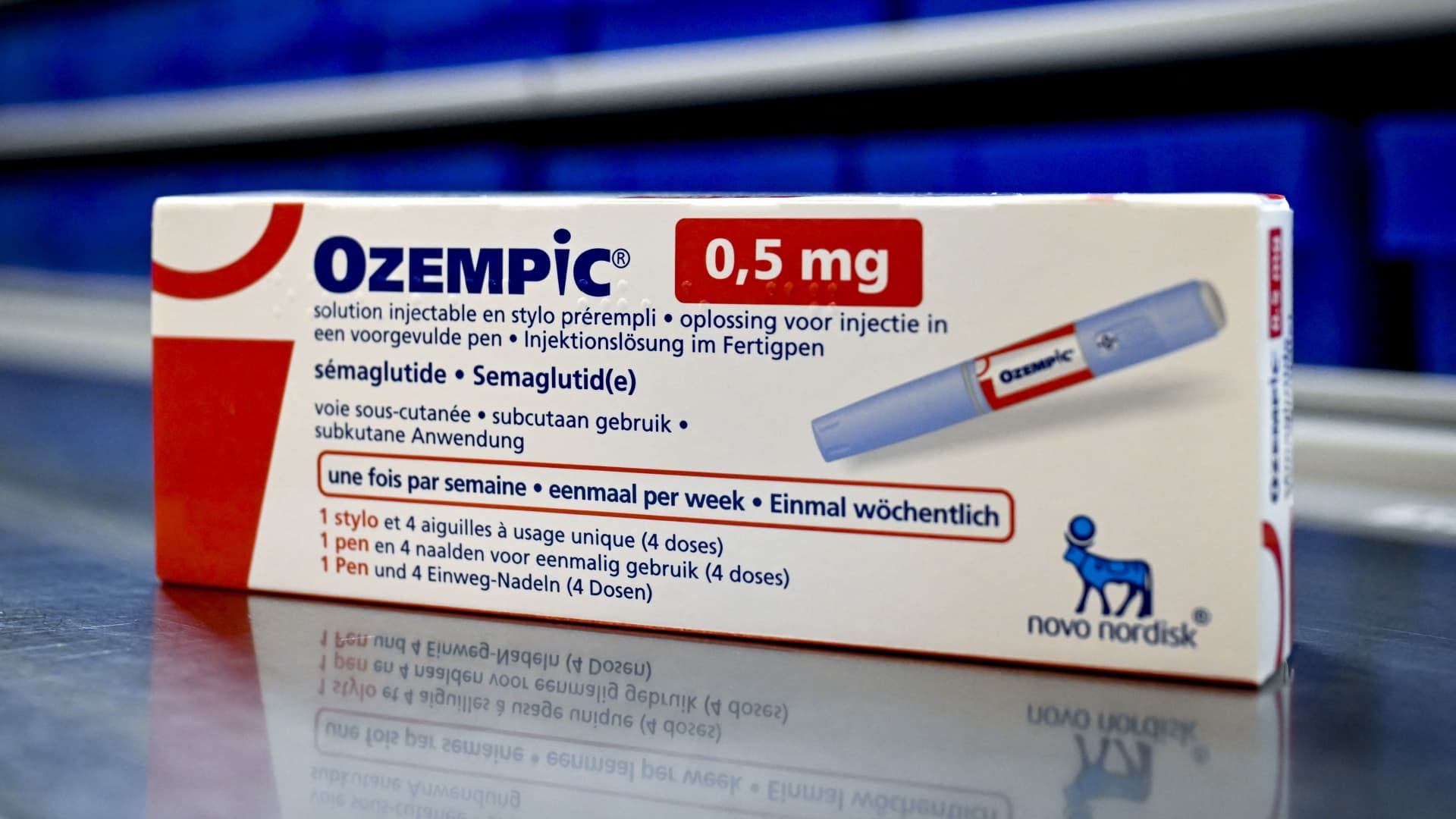 This recent archive picture, taken 17 August 2023 and distributed Tuesday 26 September 2023, shows a package with Ozempic medicine at a hospital in Bonheiden. T