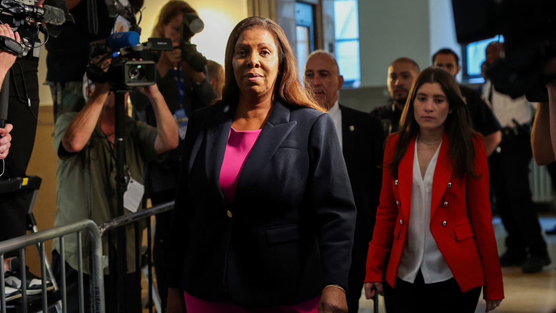 New York Attorney General Letitia James arrives at a Manhattan courthouse trial in a civil fraud case brought by her against Former U.S. President Donald Trump, his adult sons, the Trump Organization and others in New York City, U.S., October 4, 2023. 