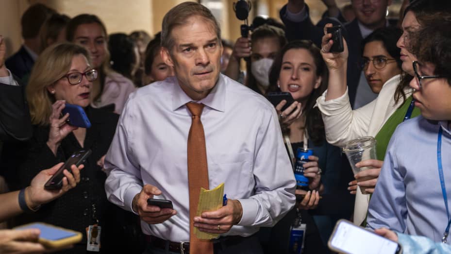 Rep. Jim Jordan(R-OH) makes his way through a gauntlet of reporters as he makes his way towards a GOP leadership meeting at the Capitol in the wake of the Speaker of the House crisis, in Washington, DC.
