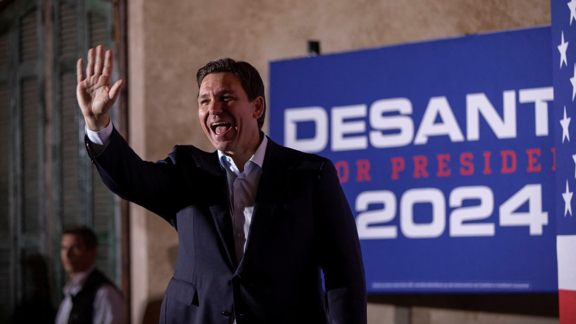 Republican U.S. presidential candidate and Florida Governor Ron DeSantis greets his supporters during the Never Back Down South Carolina Bus Tour at Revel Events Center in Greenville, South Carolina, U.S., October 4, 2023. 