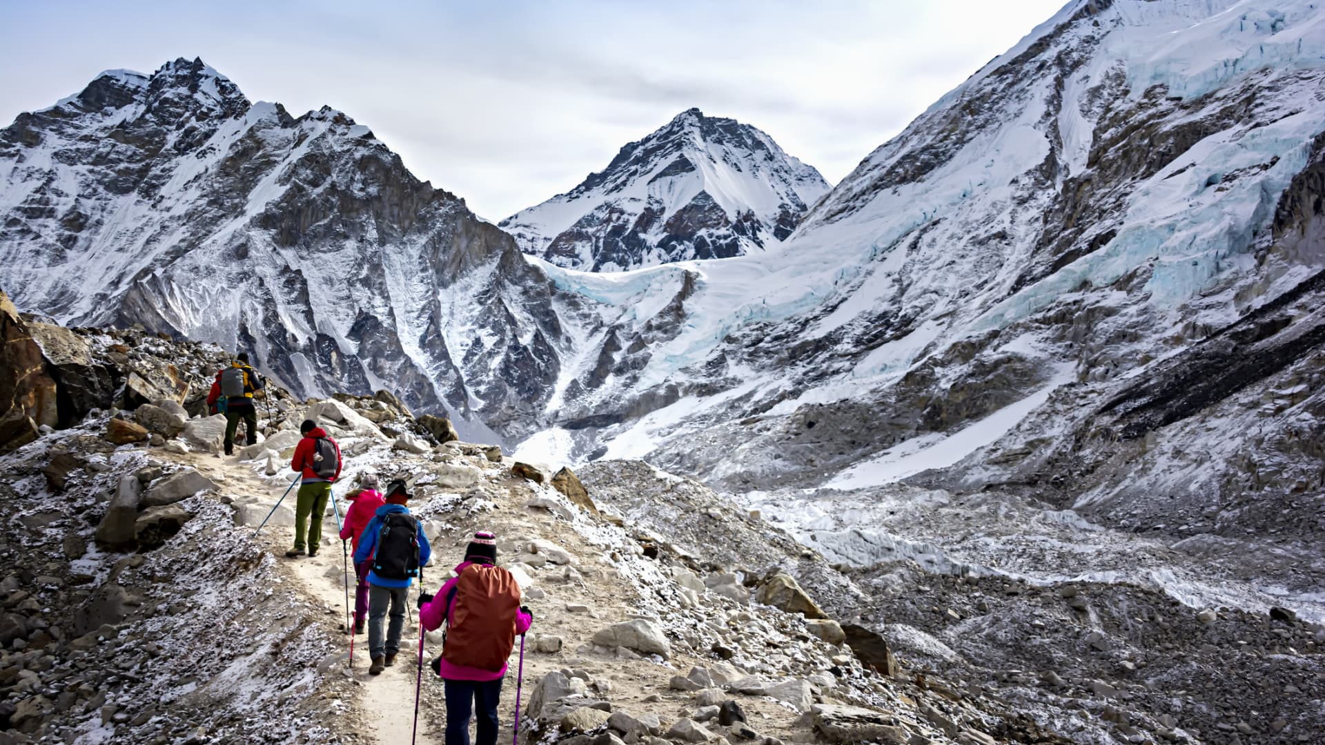 Hikers walk to Everest Base Camp in Nepal.