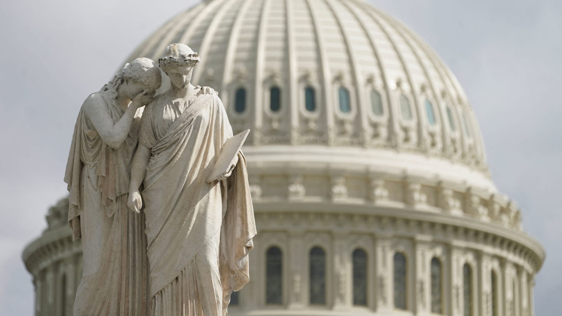 The U.S. Capitol's Peace Monument features the sculptures of Grief and History, while inside the building, House Republicans search for a new Speaker of the House following the ouster of Kevin McCarthy, in Washington, U.S., October 5, 2023. 