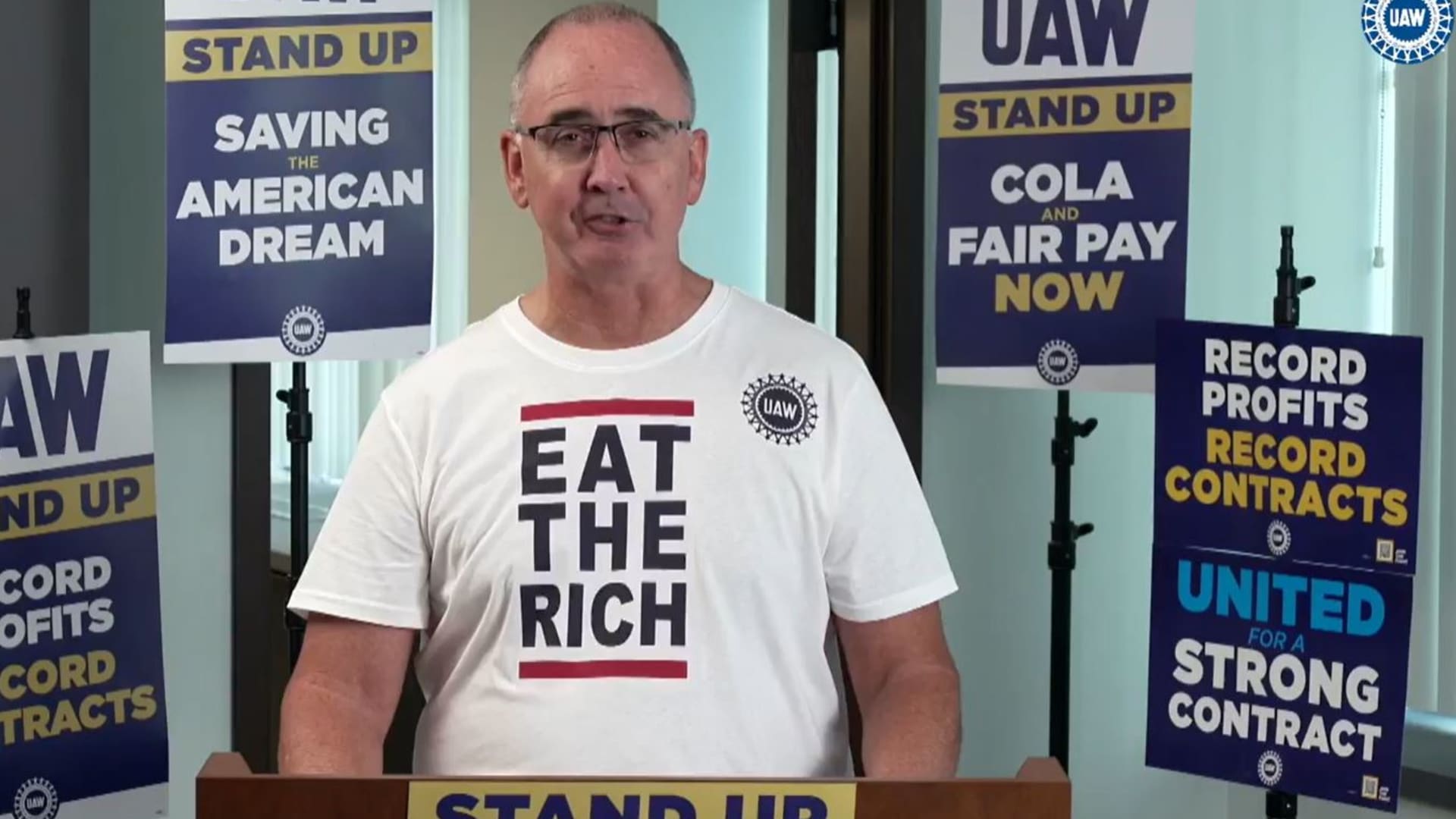 United Auto Workers President Shawn Fain during an online broadcast updating union members on negotiations with the Detroit automakers on Oct. 6, 2023.