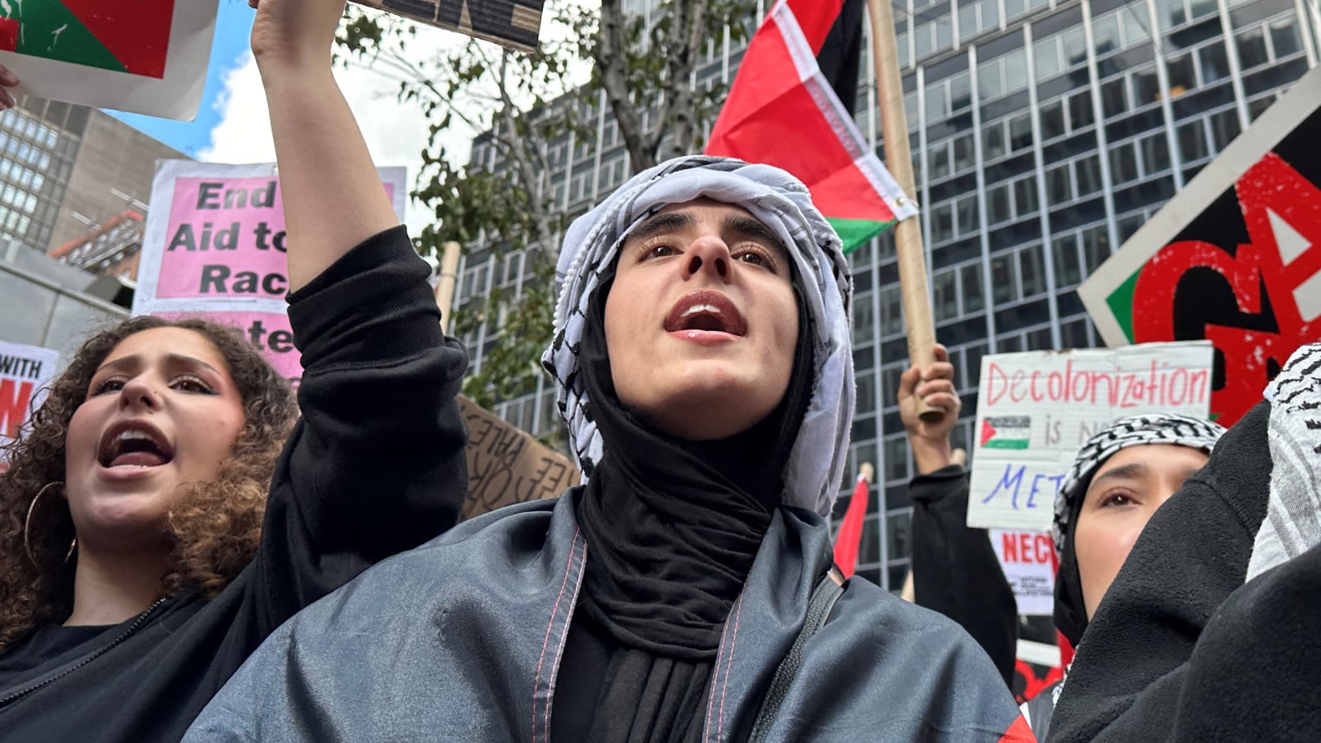 Demonstrators shout slogans at a pro-Palestinian rally held across the street from the Consulate General of Israel in New York City, October 9, 2023.