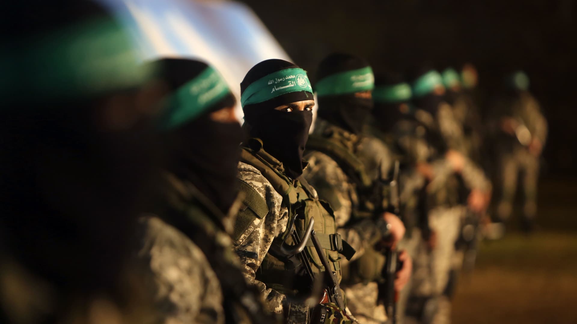 Palestinian members of the al-Qassam Brigades, the armed wing of the Hamas movement, take part in a gathering on Jan. 31, 2016, in Gaza City to pay tribute to their fellow militants who died after a tunnel collapsed in the Gaza Strip.