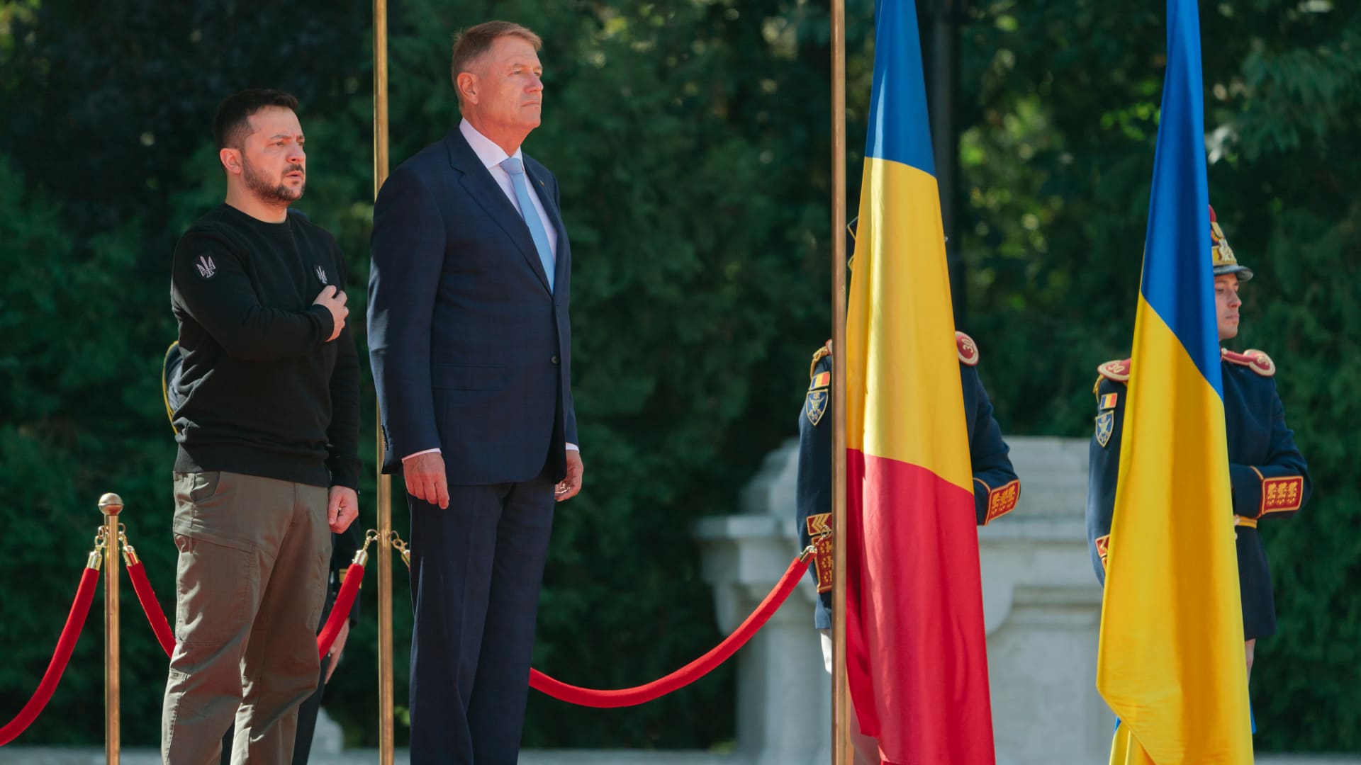 Volodymyr Zelenskyy, Ukraine's president, left, and Klaus Iohannis, Romania's president, at the Cotroceni presidential palace in Bucharest, Romania, on Tuesday, Oct. 10, 2023. The leaders planned to discuss defense cooperation between their countries and the issue of Black Sea security.