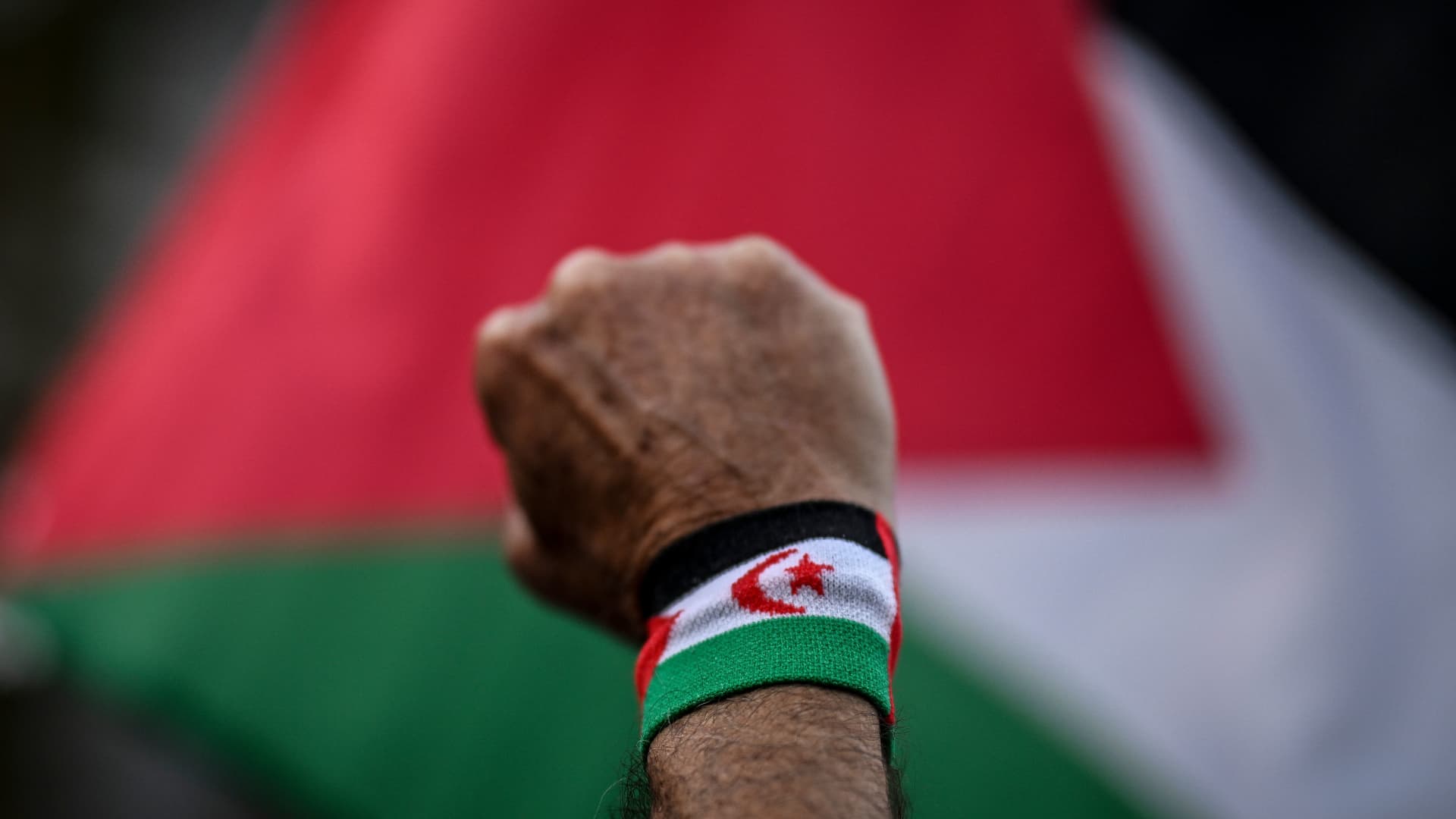 A protestor lifts his fist during a rally in support of Palestinians at Camoes square in Lisbon on October 9, 2023 after the Palestinian militant group Hamas launched an attack on Israel.