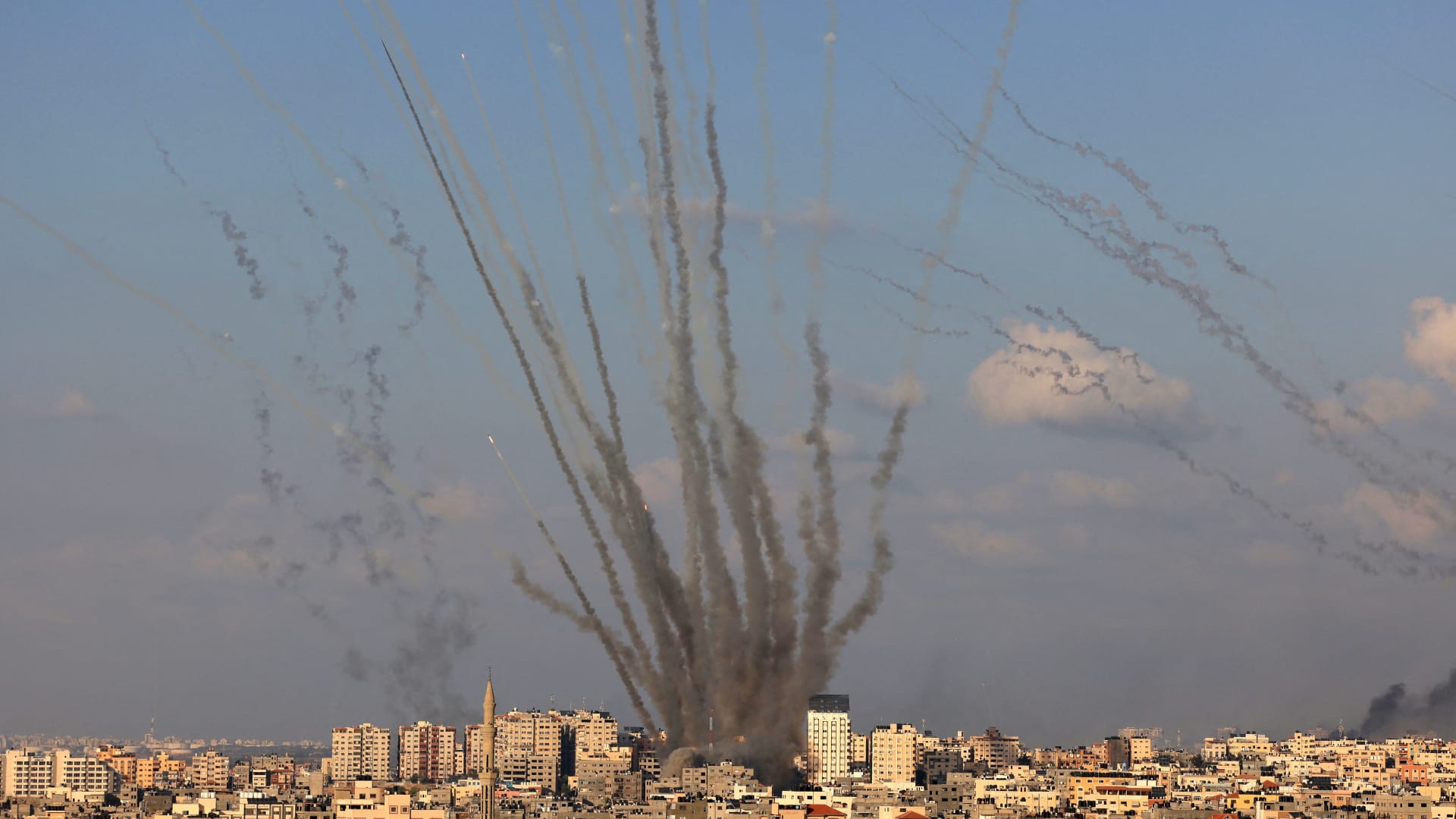A salvo of rockets is fired by Palestinian militants from Gaza towards Israel on October 10, 2023. 