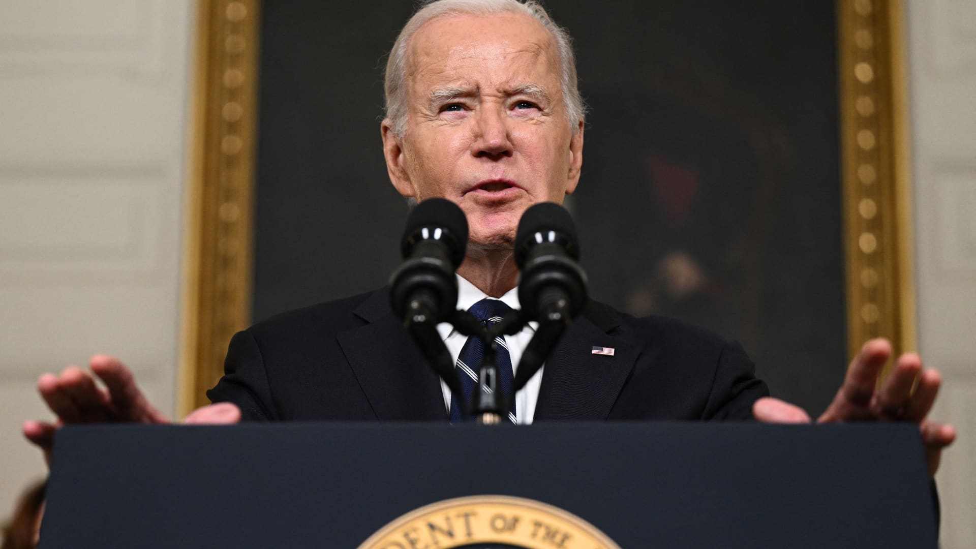 U.S. President Joe Biden speaks about the attacks on Israel, in the State Dining Room of the White House in Washington, D.C., on Oct. 10, 2023.
