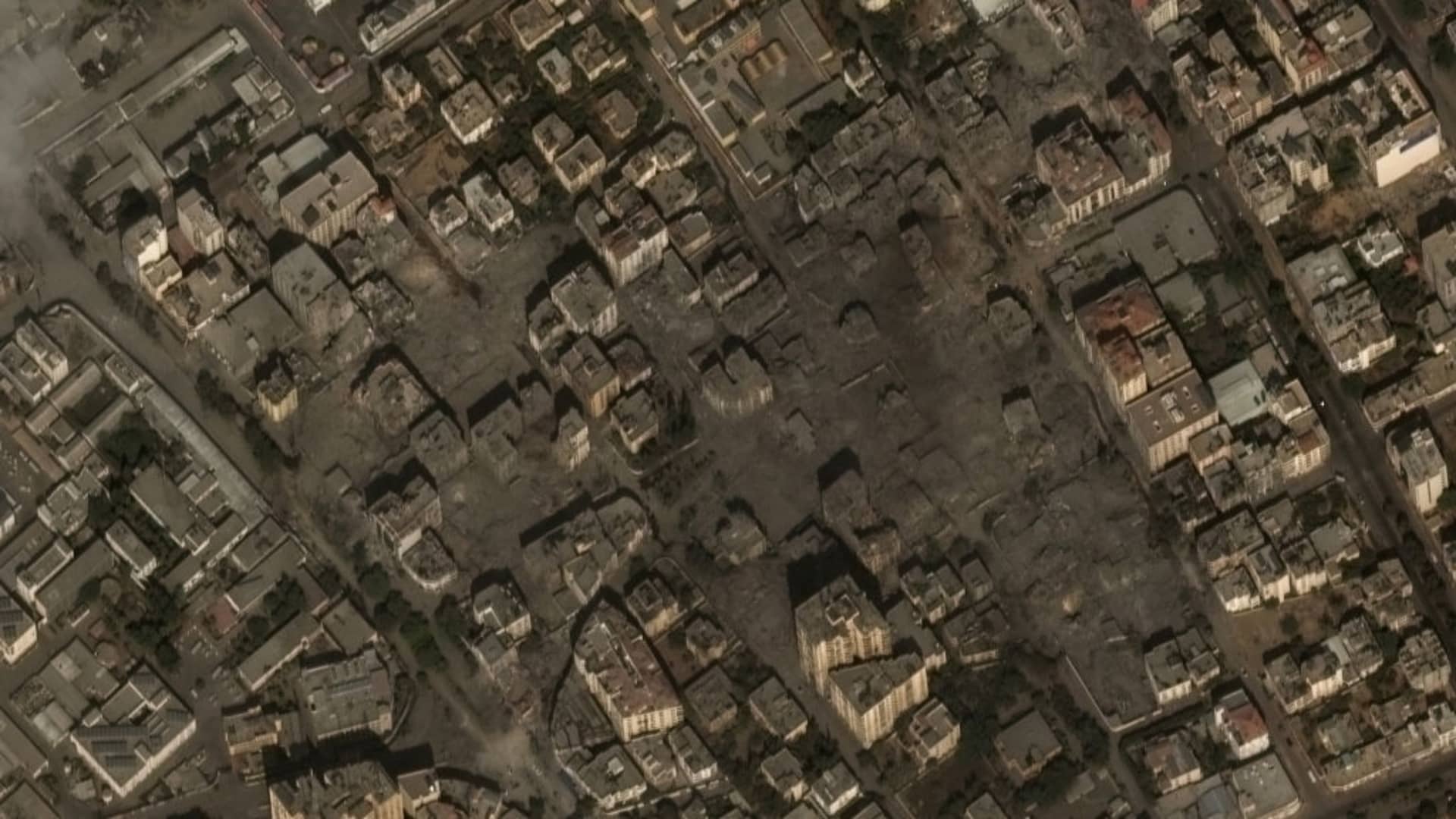 Maxar satellite imagery of the destroyed residential buildings in Gaza City, October 10, 2023.
