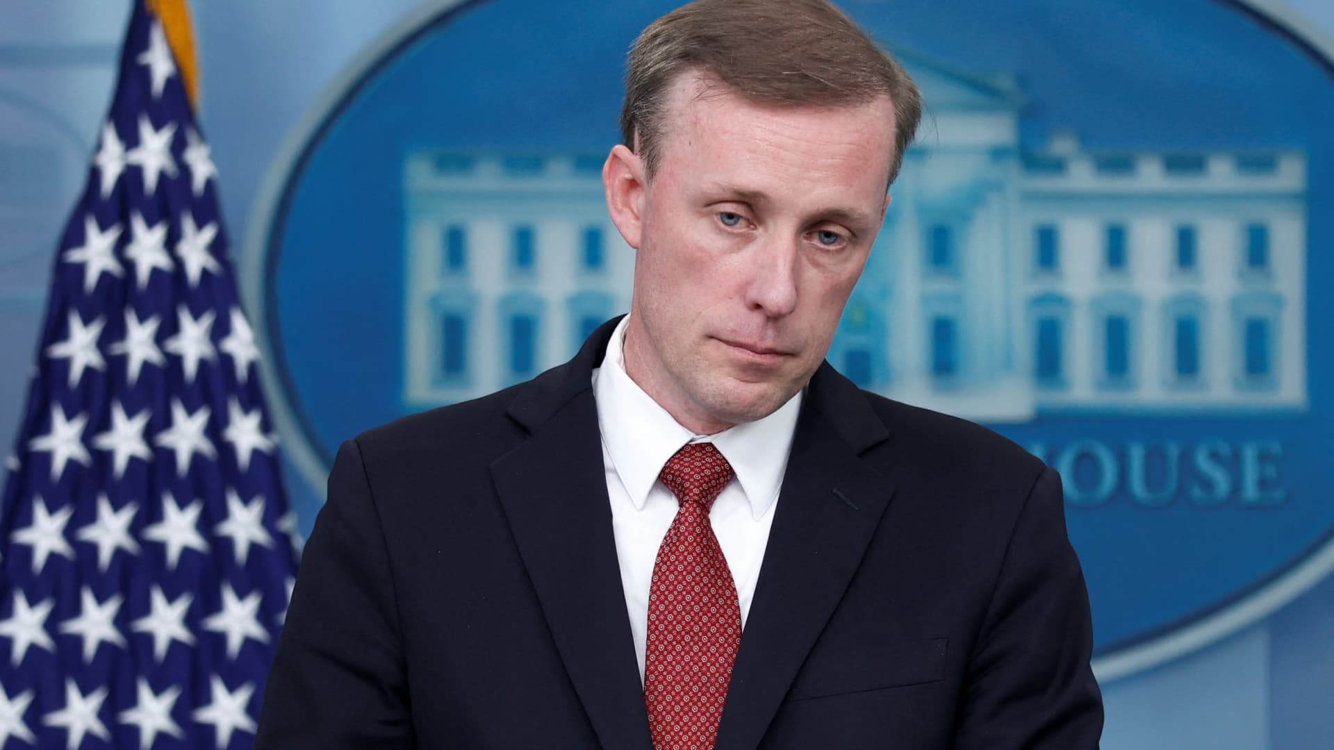 White House National Security Advisor Jake Sullivan takes questions during the daily press briefing at the White House in Washington, D.C., on Oct. 10, 2023.