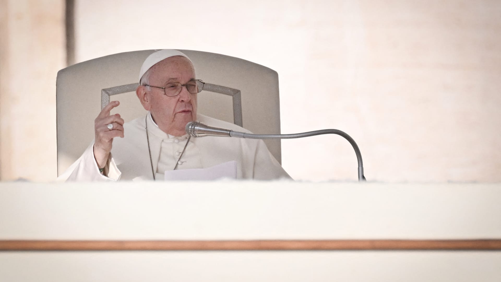 Pope Francis speaks during his weekly general audience on St.Peter's Square in Vatican City on October 11, 2023.