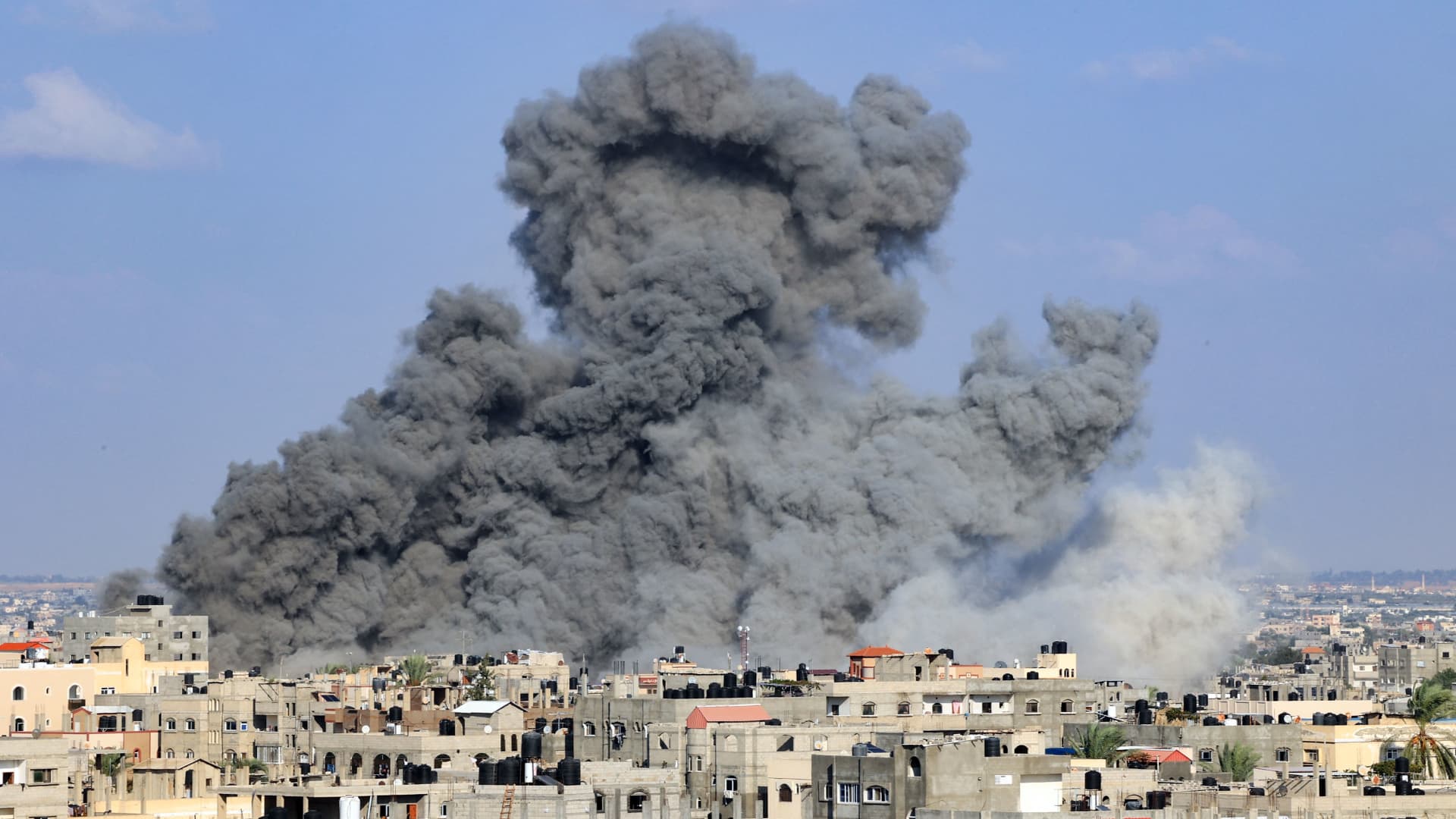 Smoke billows during an Israeli air strike in Rafah in the southern Gaza Strip on Oct. 11, 2023.