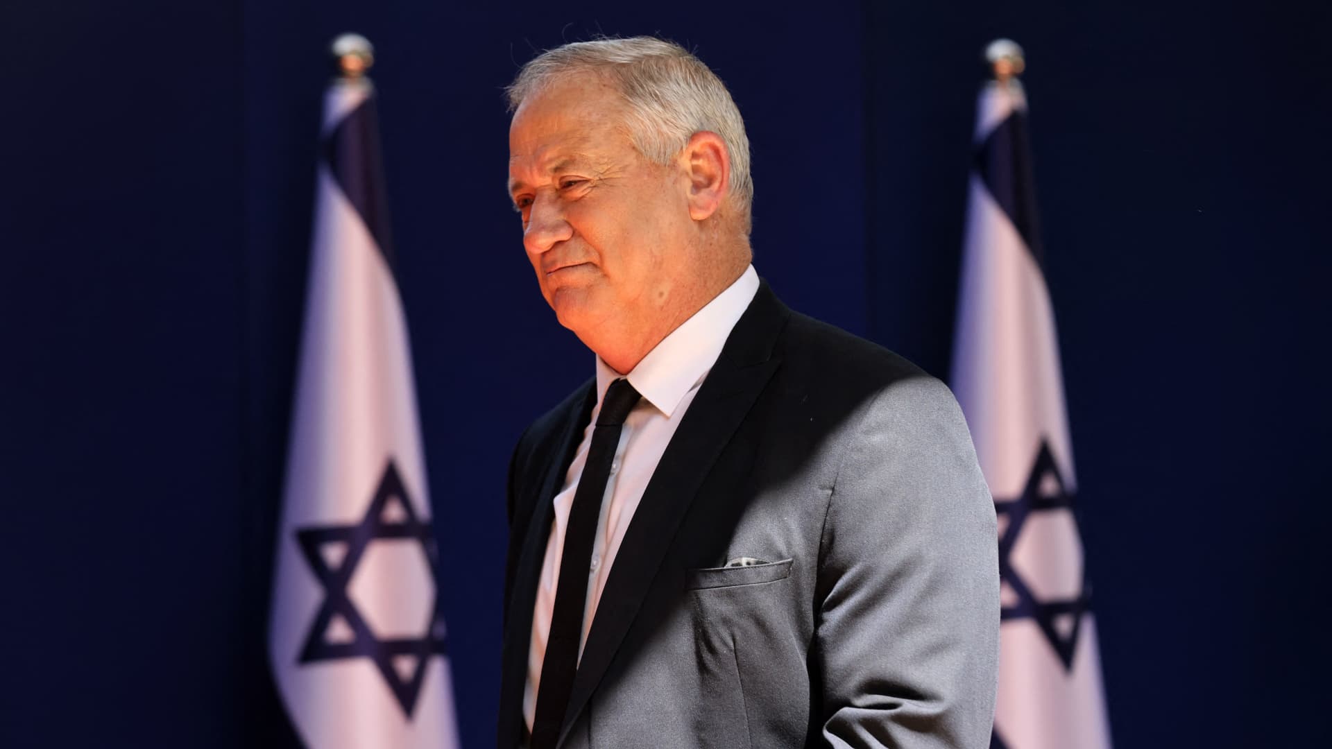 Then Israeli Minister of Defense Benny Gantz arrives for a photo at the President's residence during a ceremony for the new coalition government in Jerusalem, on June 14, 2021.