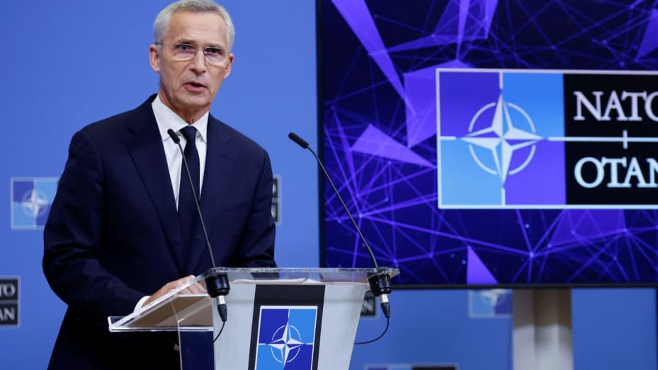 NATO Secretary General Jens Stoltenberg speaks during a press conference on the third day of the International Monetary Fund and World Bank annual meeting, in Marrakech, Morocco, October 11, 2023.