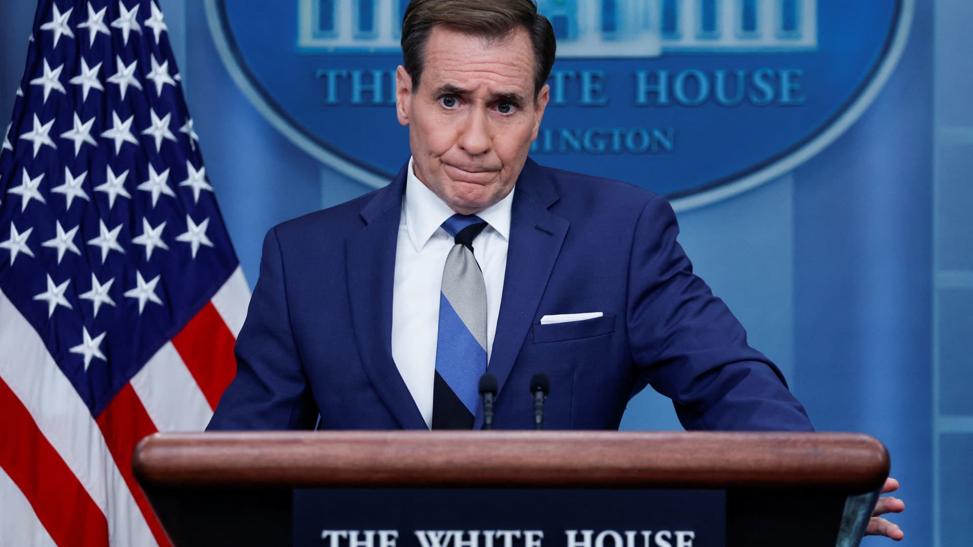 White House National Security Council spokesperson John Kirby takes questions on the situation in Israel as he joins White House Press Secretary Karine Jean-Pierre for the daily press briefing at the White House in Washington, D.C., on Oct. 11, 2023.