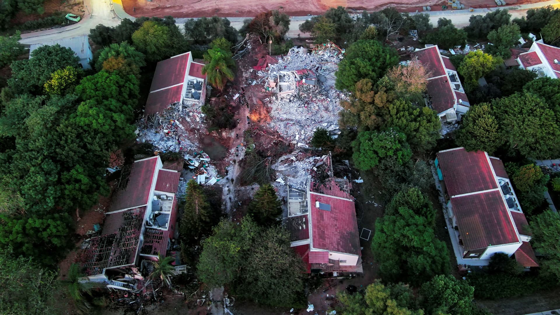 An aerial view shows damage caused following a mass infiltration by Hamas gunmen from the Gaza Strip, in Kibbutz Be'eri in southern Israel, on Oct. 11, 2023.