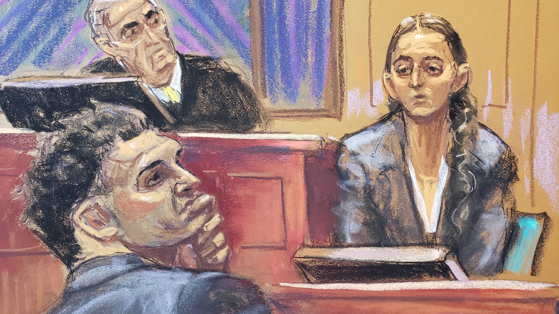 Caroline Ellison is questioned as Sam Bankman-Fried watches during his fraud trial before U.S. District Judge Lewis Kaplan over the collapse of FTX, the bankrupt cryptocurrency exchange, at Federal Court in New York City, October 11, 2023 in this courtroom sketch.