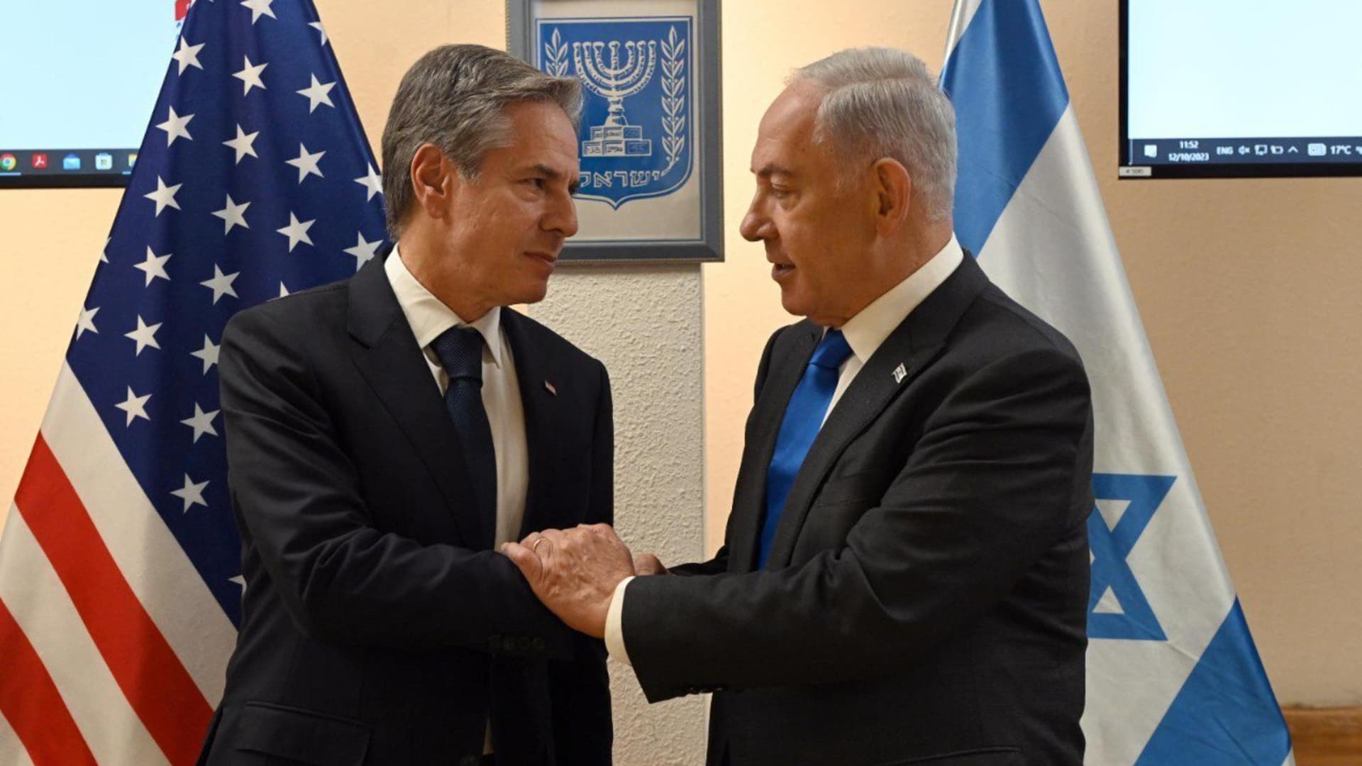 U.S Secretary of State Antony Blinken (L) meets Israeli Prime Minister Benjamin Netanyahu (R) in Tel Aviv, Israel on October 12, 2023.