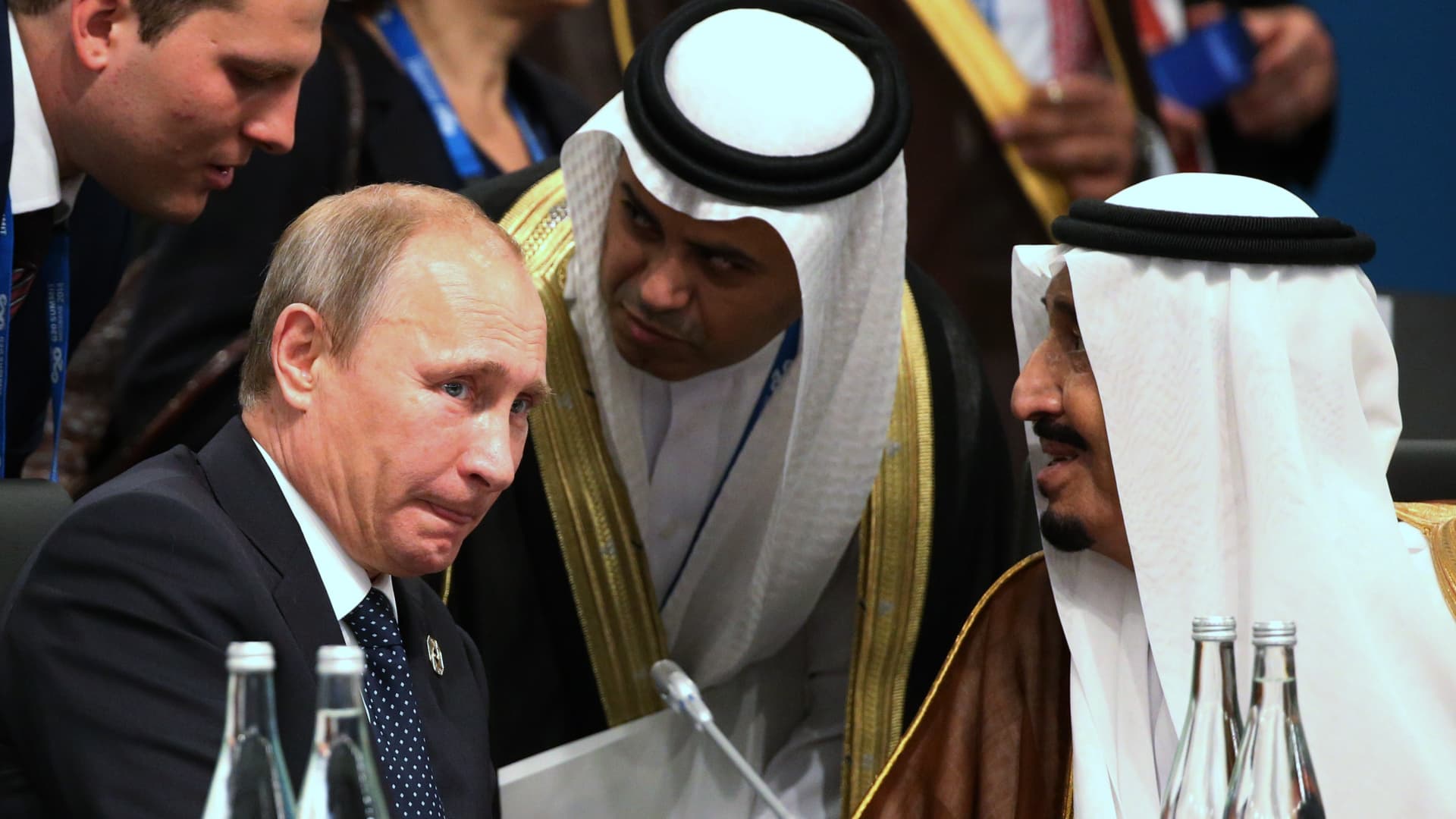 Russia's President Vladimir Putin with senior Saudi officials in 2014.