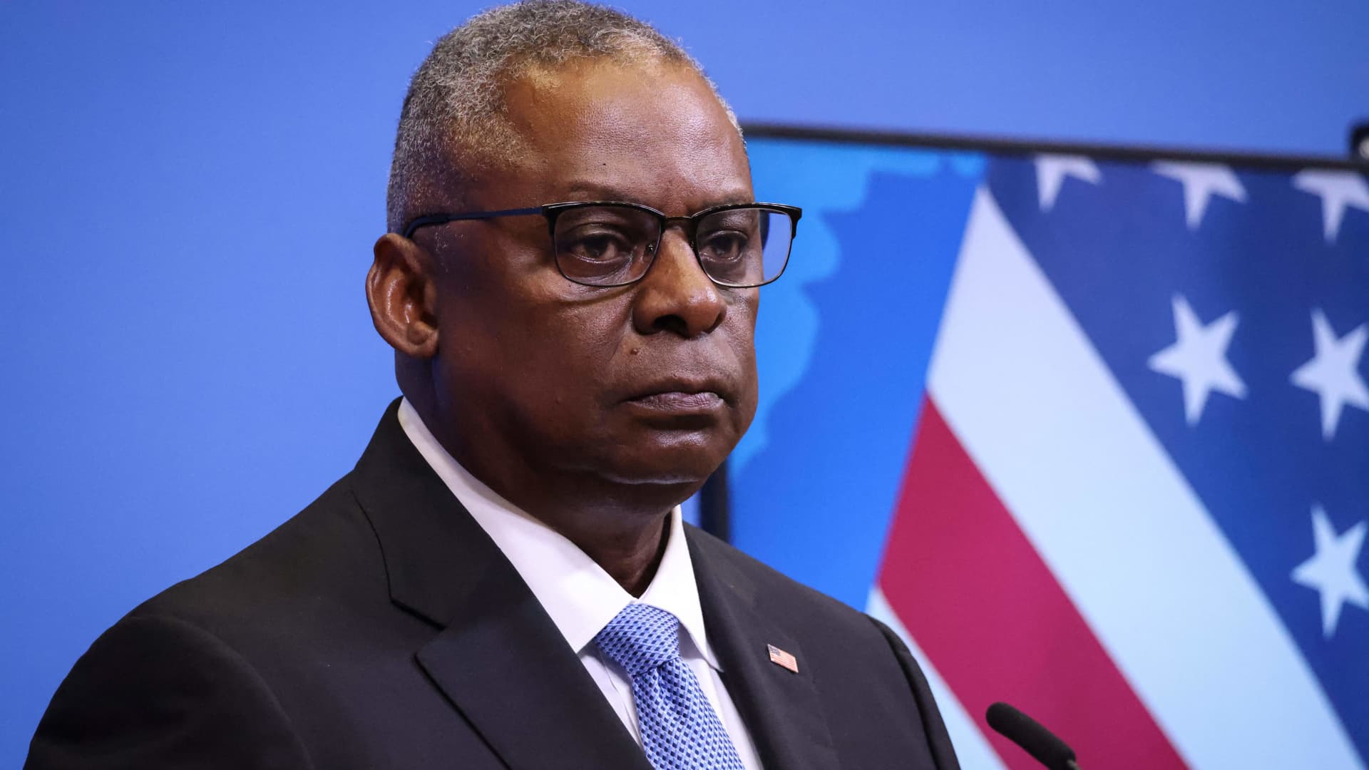 US Defence Secretary Lloyd Austin gives a press conference during the NATO Council Defence Ministers Session at the NATO headquarters in Brussels on October 12, 2023.
